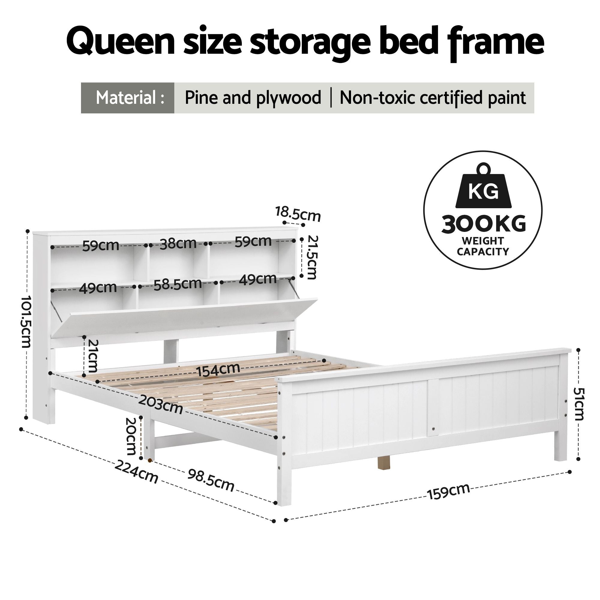 Queen Bed Frame with Storage Headboard and Footboard Wooden Bed Base White - Furniture > Bedroom > Beds & Bed Frames - Rivercity House & Home Co. (ABN 18 642 972 209) - Affordable Modern Furniture Australia