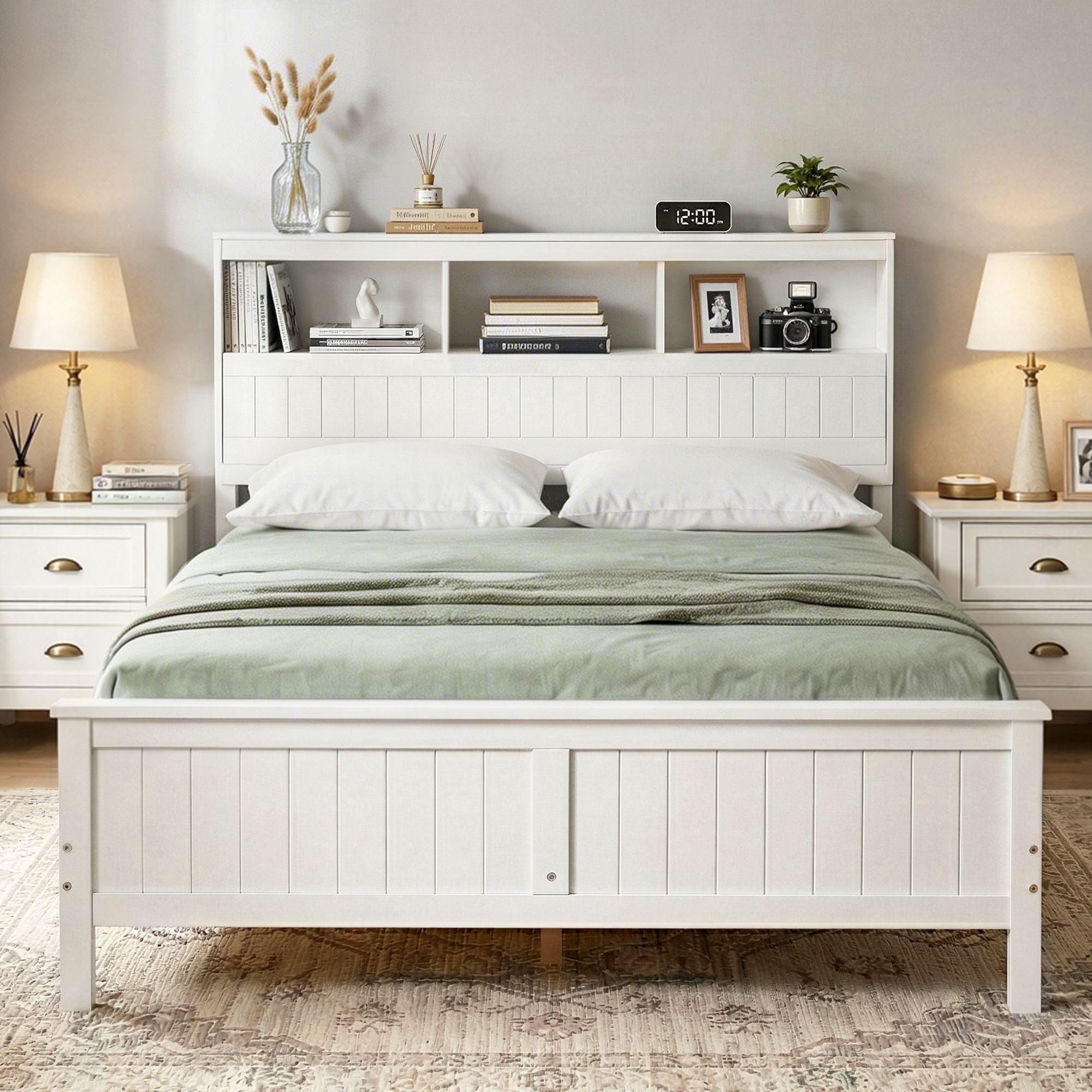 Queen Bed Frame with Storage Headboard and Footboard Wooden Bed Base White - Furniture > Bedroom > Beds & Bed Frames - Rivercity House & Home Co. (ABN 18 642 972 209) - Affordable Modern Furniture Australia