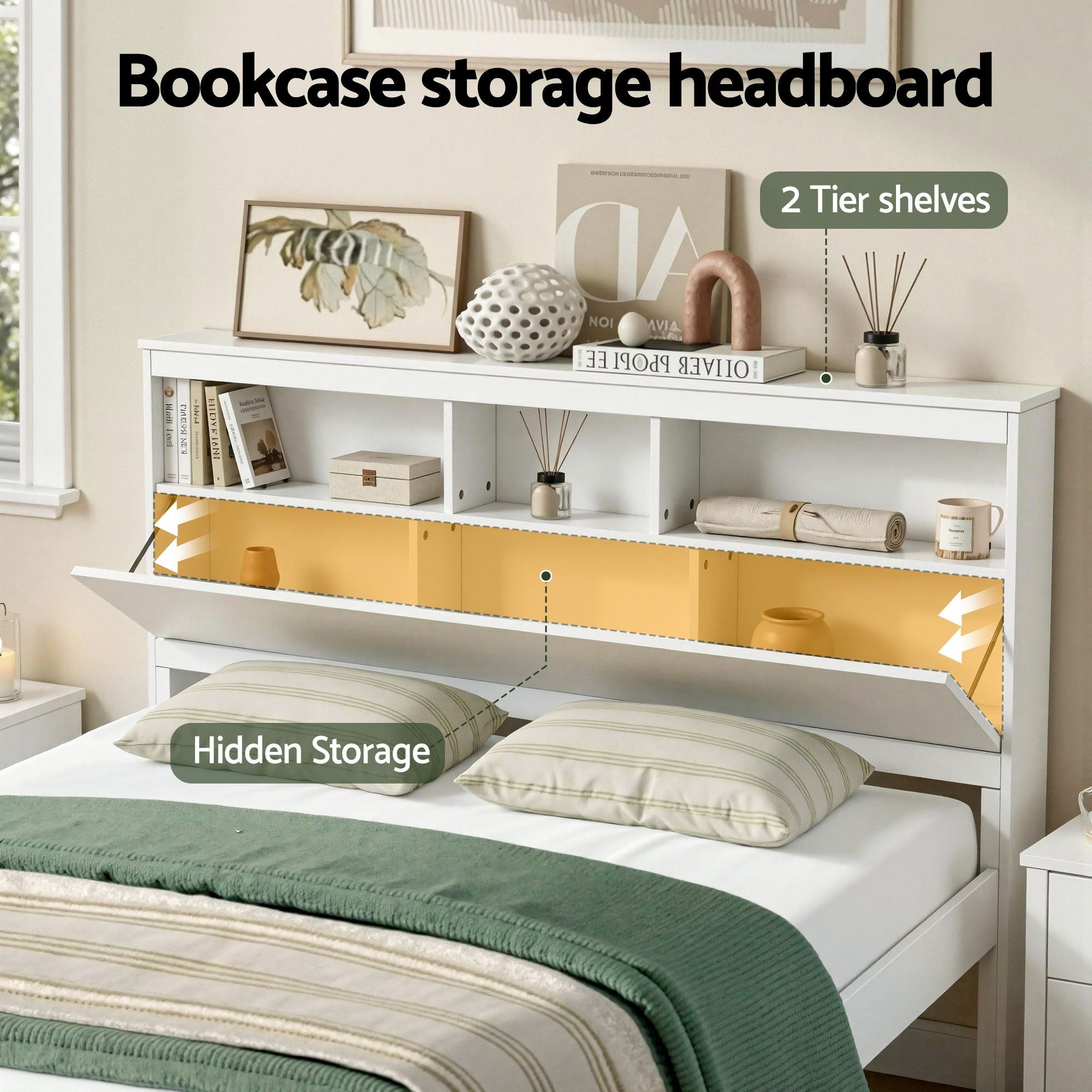 Queen Bed Frame with Storage Headboard and Footboard Wooden Bed Base White - Furniture > Bedroom > Beds & Bed Frames - Rivercity House & Home Co. (ABN 18 642 972 209) - Affordable Modern Furniture Australia
