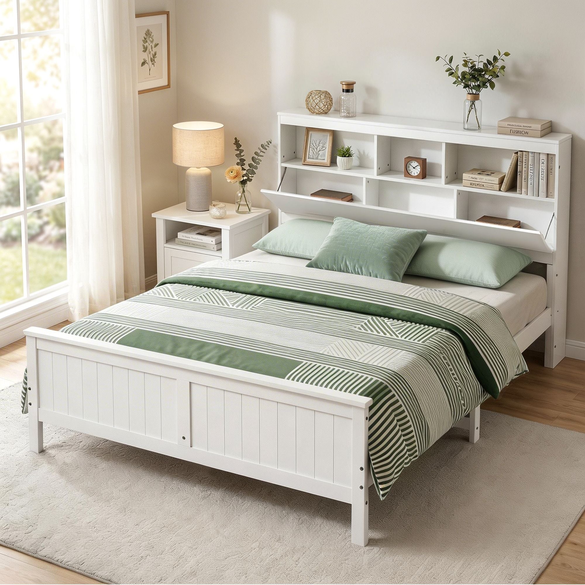 Queen Bed Frame with Storage Headboard and Footboard Wooden Bed Base White - Furniture > Bedroom > Beds & Bed Frames - Rivercity House & Home Co. (ABN 18 642 972 209) - Affordable Modern Furniture Australia