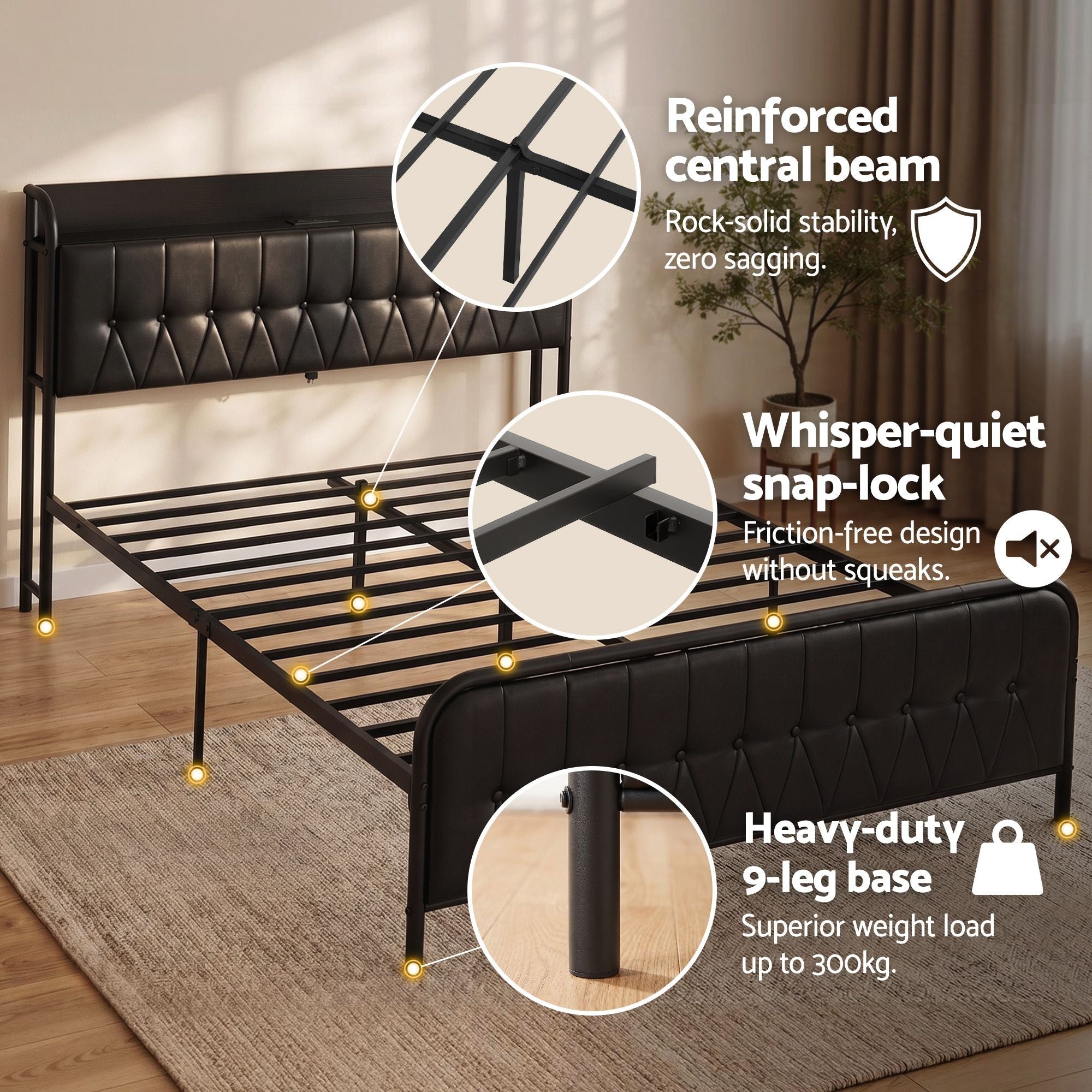 Queen Bed Frame with Storage Headboard SAA Certified Charging Station - Furniture > Bedroom > Beds & Bed Frames - Rivercity House & Home Co. (ABN 18 642 972 209) - Affordable Modern Furniture Australia