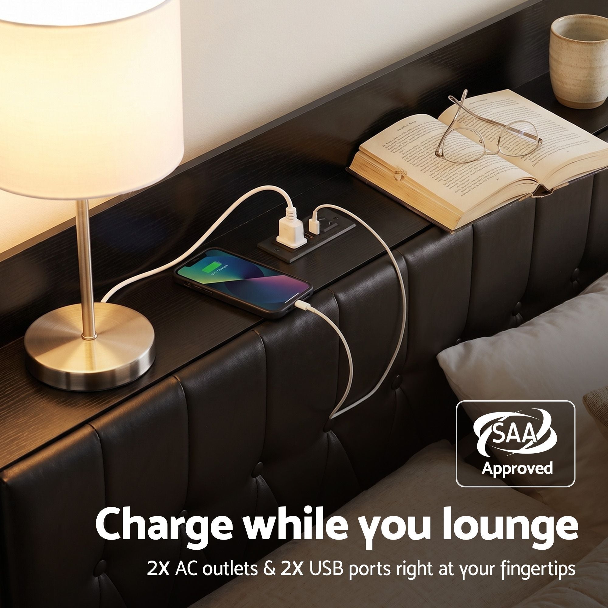 Queen Bed Frame with Storage Headboard SAA Certified Charging Station - Furniture > Bedroom > Beds & Bed Frames - Rivercity House & Home Co. (ABN 18 642 972 209) - Affordable Modern Furniture Australia