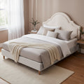 Iris Queen Bed with Scalloped Velvet Headboard – Beige