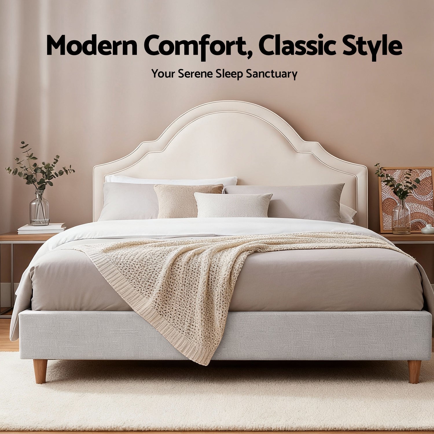 Queen Bed Frame with Storage Scalloped Velvet Headboard Wooden Platform Base - Furniture > Bedroom > Beds & Bed Frames - Rivercity House & Home Co. (ABN 18 642 972 209) - Affordable Modern Furniture Australia