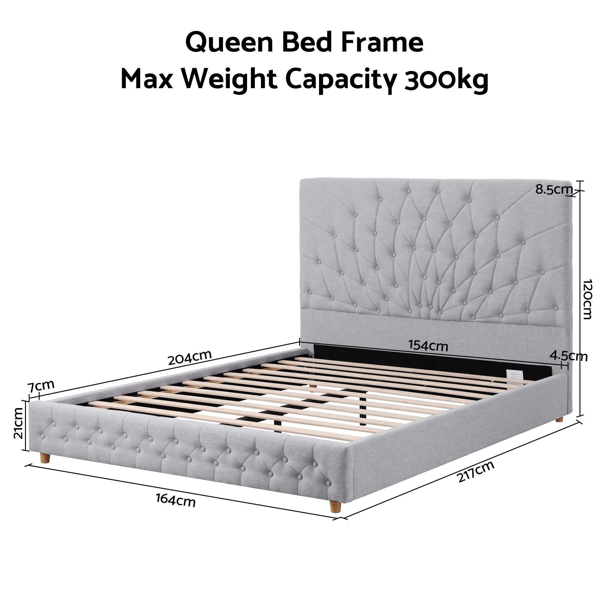 Queen Bed Frame with Tufted Upholstered Headboard and Plywood Slats - Grey - Furniture > Bedroom > Beds & Bed Frames - Rivercity House & Home Co. (ABN 18 642 972 209) - Affordable Modern Furniture Australia