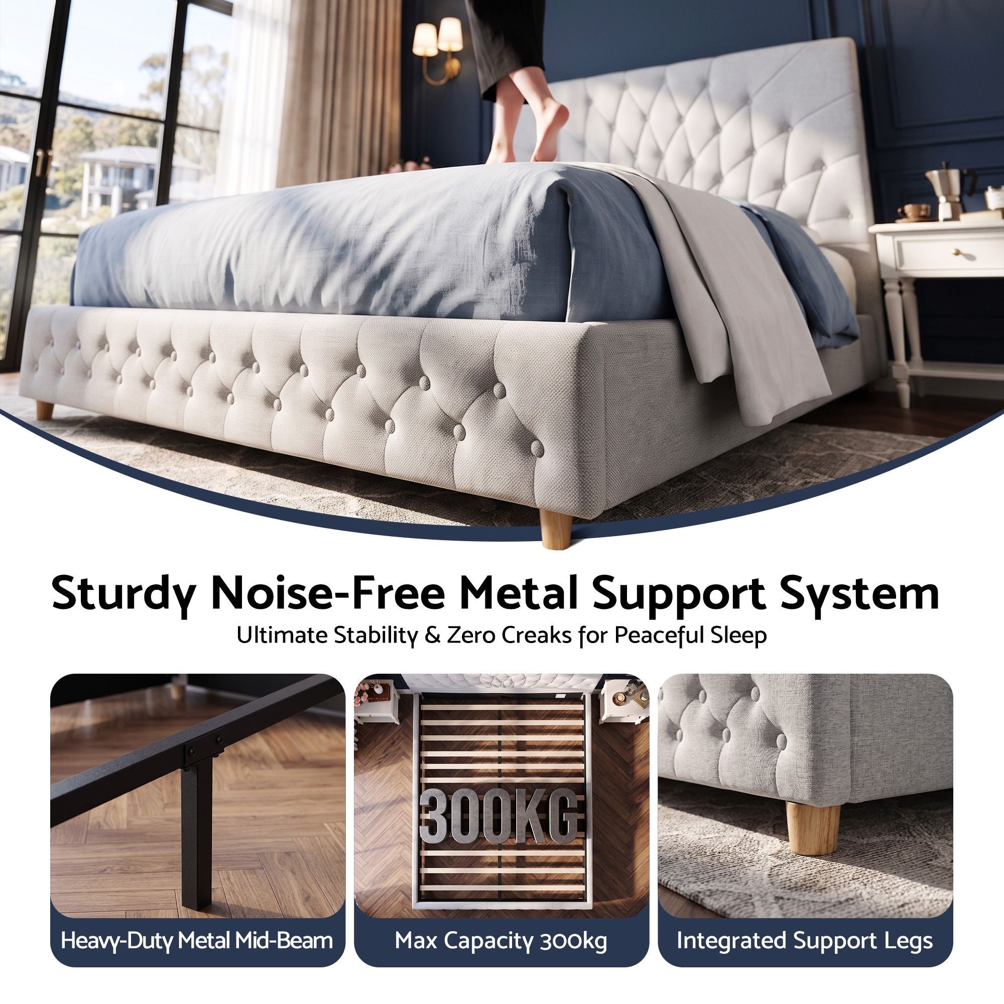 Queen Bed Frame with Tufted Upholstered Headboard and Plywood Slats - Grey - Furniture > Bedroom > Beds & Bed Frames - Rivercity House & Home Co. (ABN 18 642 972 209) - Affordable Modern Furniture Australia