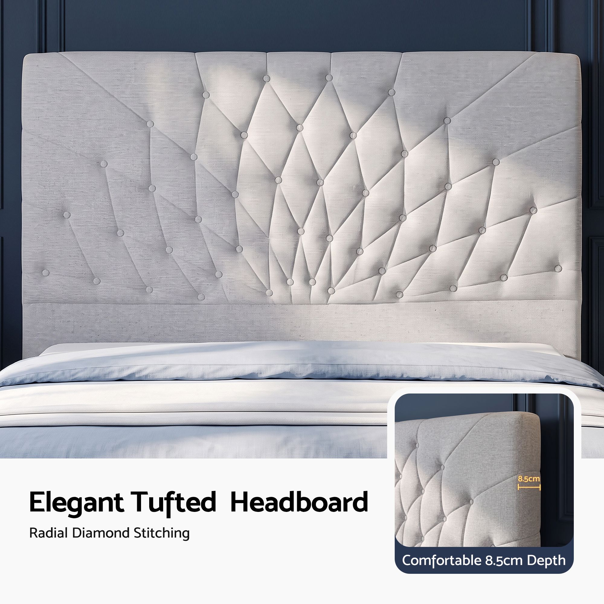 Queen Bed Frame with Tufted Upholstered Headboard and Plywood Slats - Grey - Furniture > Bedroom > Beds & Bed Frames - Rivercity House & Home Co. (ABN 18 642 972 209) - Affordable Modern Furniture Australia
