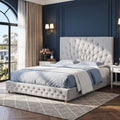 Queen Bed Frame with Tufted Upholstered Headboard and Plywood Slats - Grey