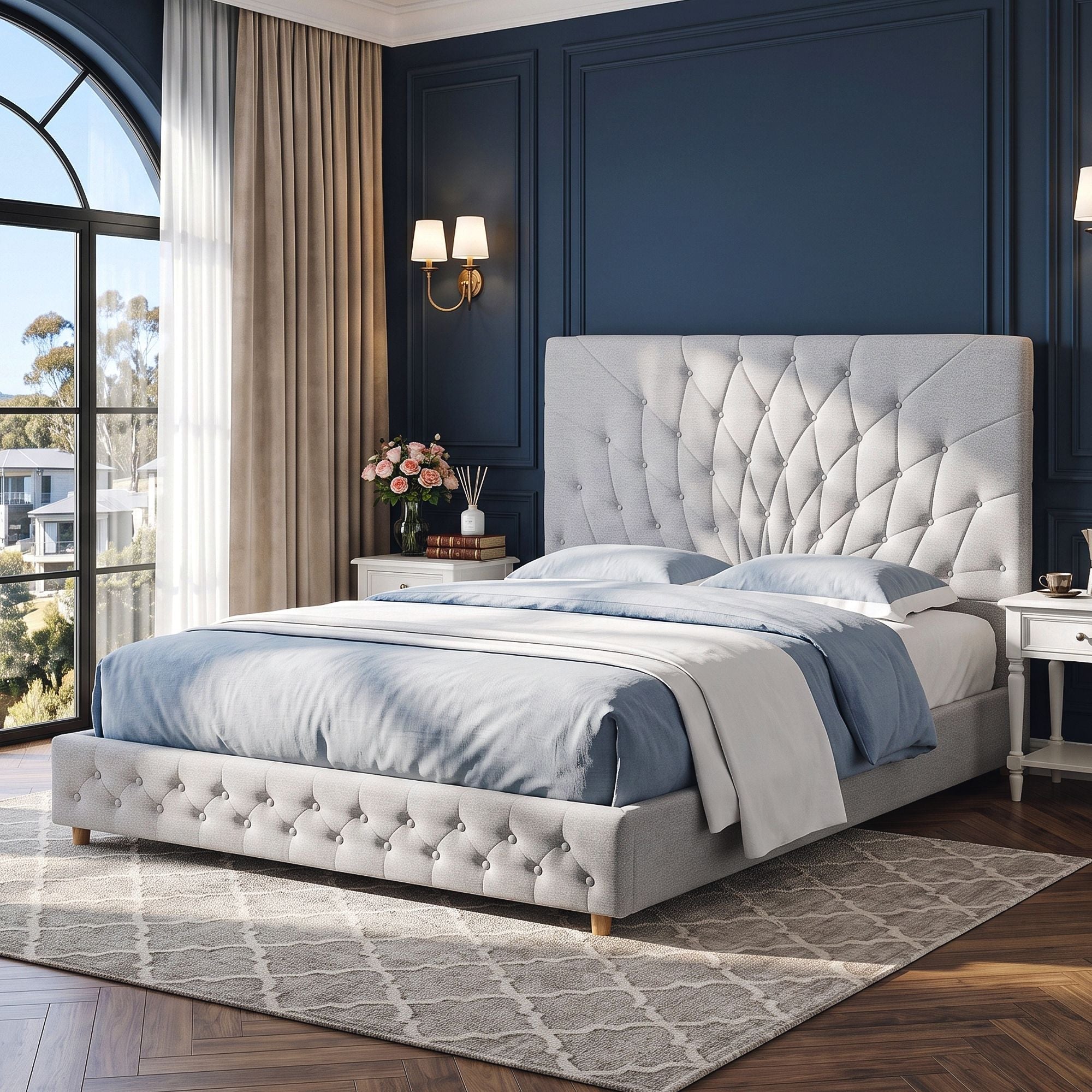 Queen Bed Frame with Tufted Upholstered Headboard and Plywood Slats - Grey - Furniture > Bedroom > Beds & Bed Frames - Rivercity House & Home Co. (ABN 18 642 972 209) - Affordable Modern Furniture Australia