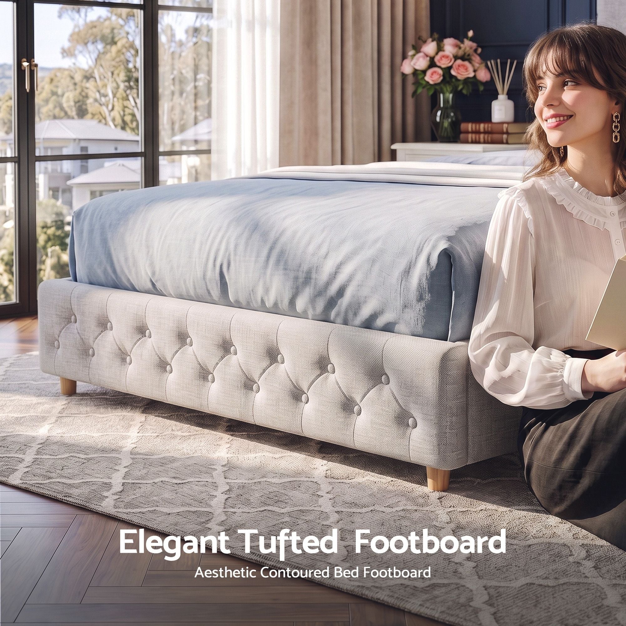 Queen Bed Frame with Tufted Upholstered Headboard and Plywood Slats - Grey - Furniture > Bedroom > Beds & Bed Frames - Rivercity House & Home Co. (ABN 18 642 972 209) - Affordable Modern Furniture Australia