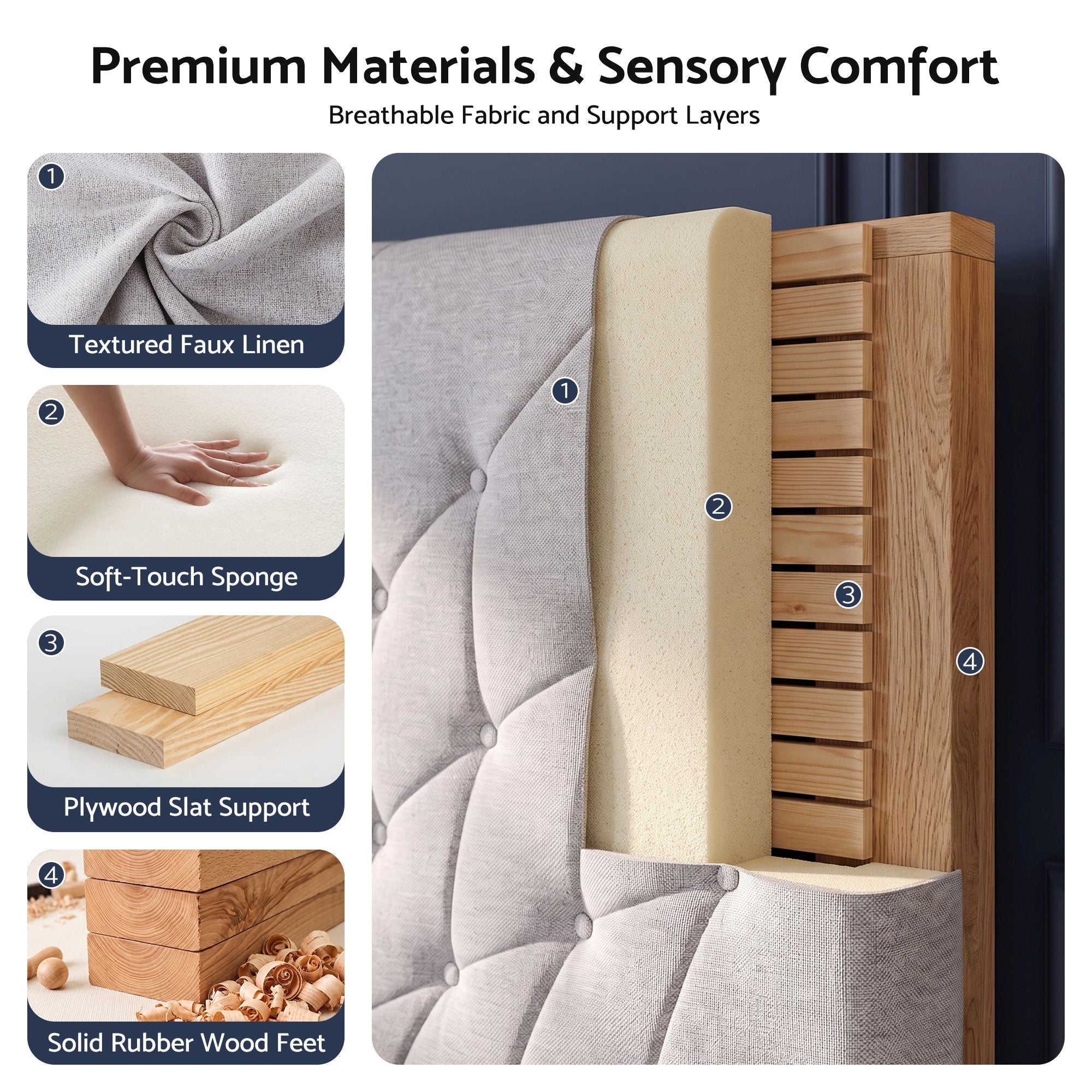 Queen Bed Frame with Tufted Upholstered Headboard and Plywood Slats - Grey - Furniture > Bedroom > Beds & Bed Frames - Rivercity House & Home Co. (ABN 18 642 972 209) - Affordable Modern Furniture Australia