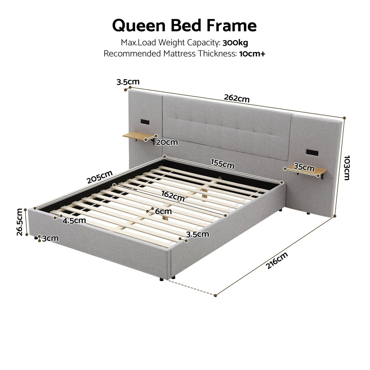 Queen Bed Frame with Wide Upholstered Headboard, Floating Shelves & USB Ports - Grey - Furniture > Bedroom > Beds & Bed Frames - Rivercity House & Home Co. (ABN 18 642 972 209) - Affordable Modern Furniture Australia