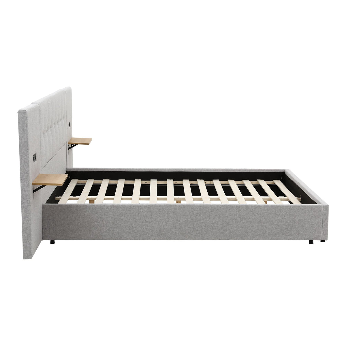 Queen Bed Frame with Wide Upholstered Headboard, Floating Shelves & USB Ports - Grey - Furniture > Bedroom > Beds & Bed Frames - Rivercity House & Home Co. (ABN 18 642 972 209) - Affordable Modern Furniture Australia
