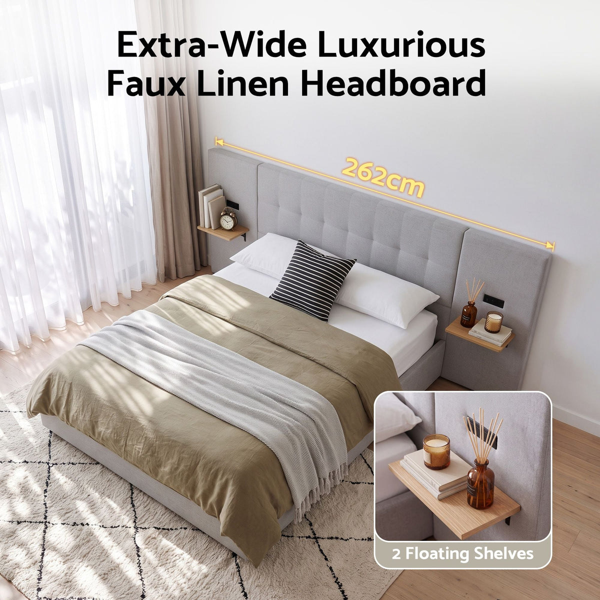 Queen Bed Frame with Wide Upholstered Headboard, Floating Shelves & USB Ports - Grey - Furniture > Bedroom > Beds & Bed Frames - Rivercity House & Home Co. (ABN 18 642 972 209) - Affordable Modern Furniture Australia