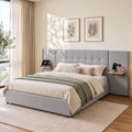 Queen Bed Frame with Wide Upholstered Headboard, Floating Shelves & USB Ports - Grey