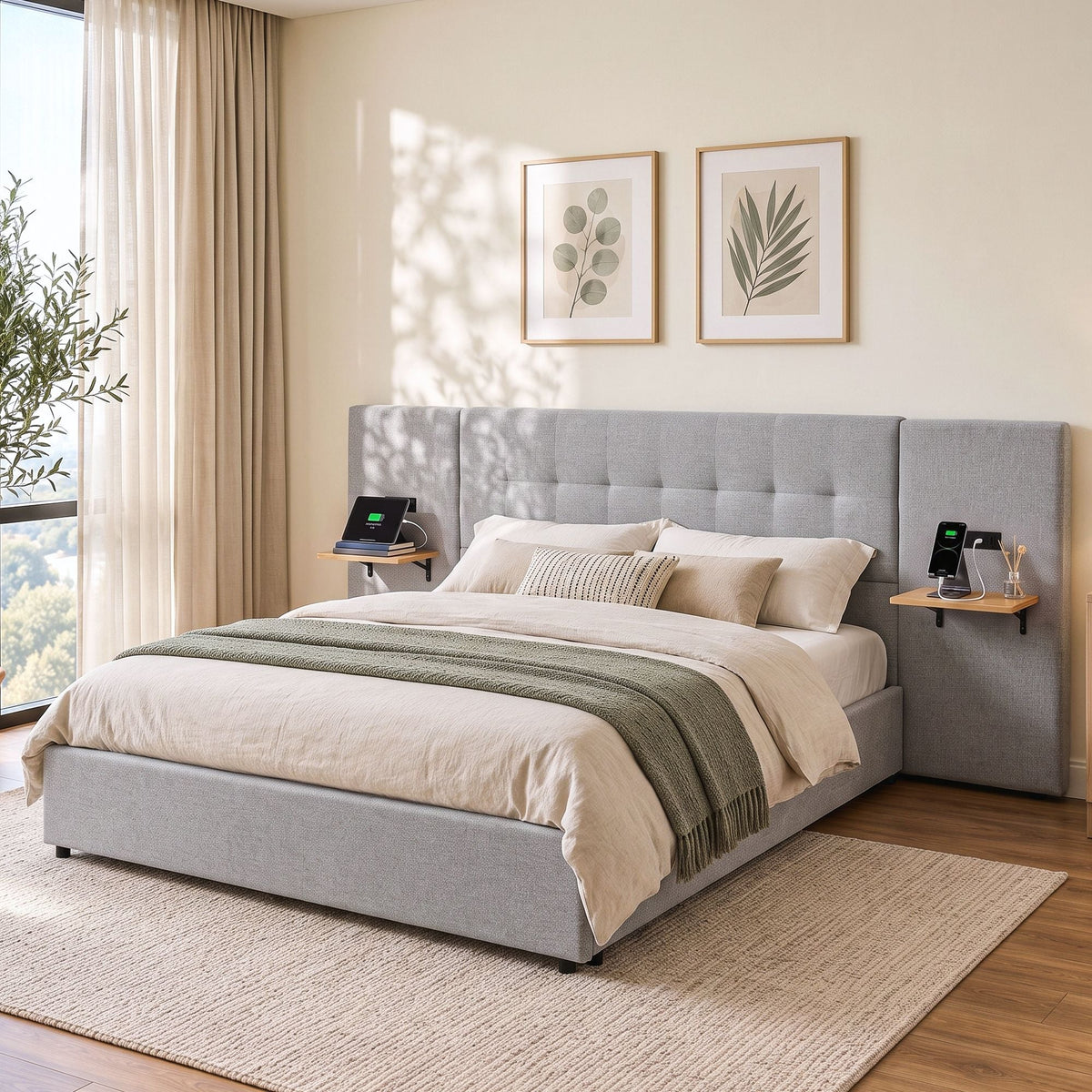 Queen Bed Frame with Wide Upholstered Headboard, Floating Shelves & USB Ports - Grey - Furniture > Bedroom > Beds & Bed Frames - Rivercity House & Home Co. (ABN 18 642 972 209) - Affordable Modern Furniture Australia