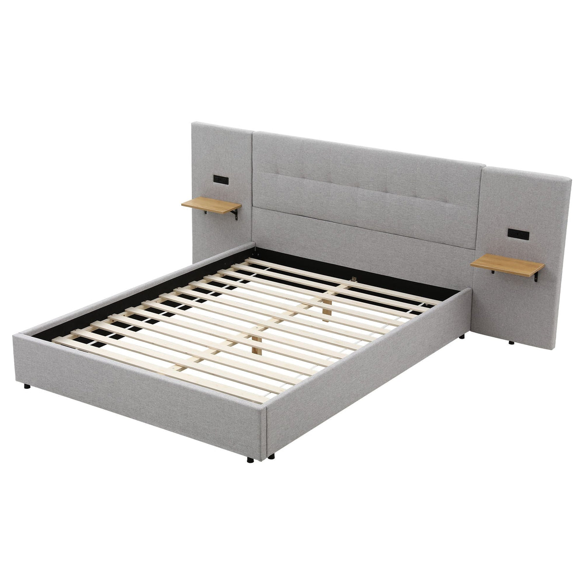 Queen Bed Frame with Wide Upholstered Headboard, Floating Shelves & USB Ports - Grey - Furniture > Bedroom > Beds & Bed Frames - Rivercity House & Home Co. (ABN 18 642 972 209) - Affordable Modern Furniture Australia