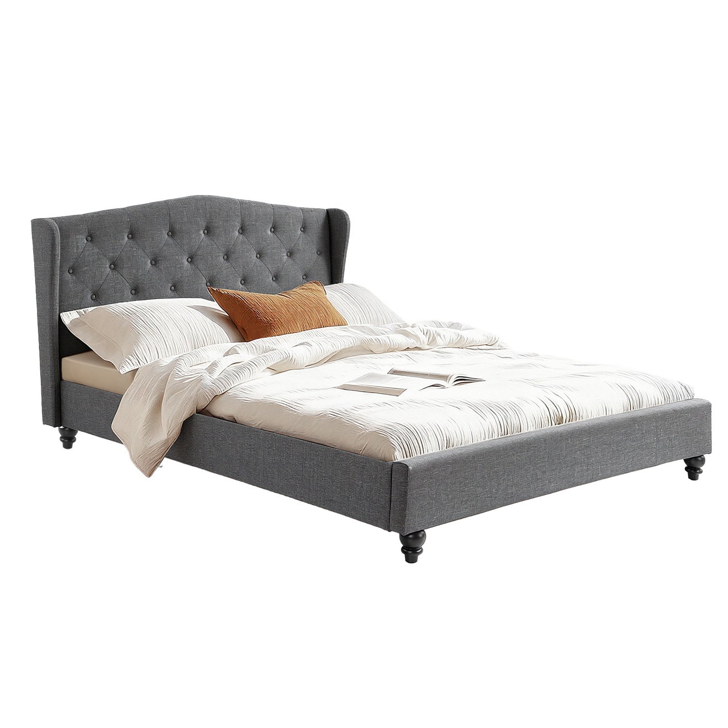 Queen Bed Frame with Wingback Headboard Grey Linen Upholstered Platform Bed Base - Furniture > Bedroom > Beds & Bed Frames - Rivercity House & Home Co. (ABN 18 642 972 209) - Affordable Modern Furniture Australia