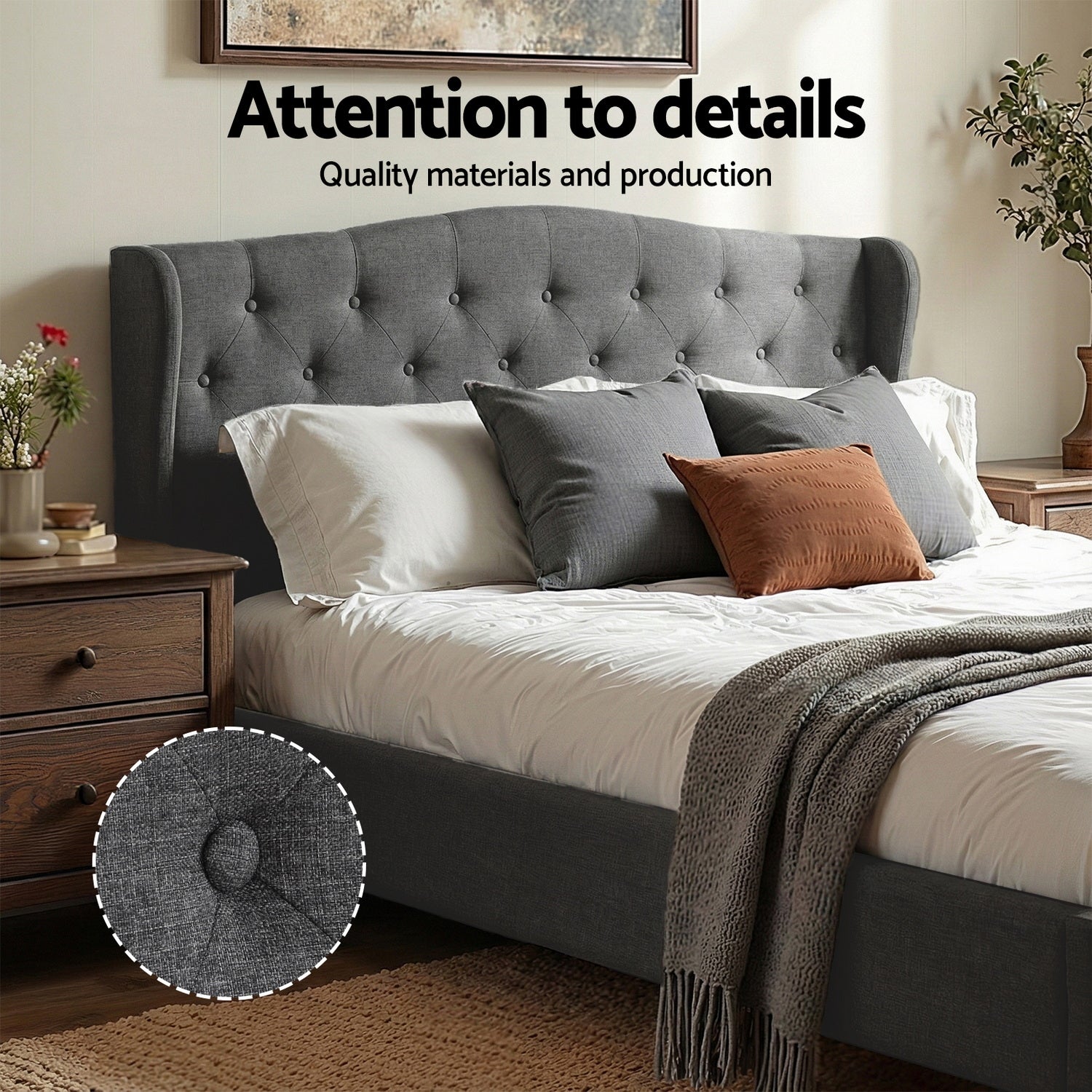 Queen Bed Frame with Wingback Headboard Grey Linen Upholstered Platform Bed Base - Furniture > Bedroom > Beds & Bed Frames - Rivercity House & Home Co. (ABN 18 642 972 209) - Affordable Modern Furniture Australia