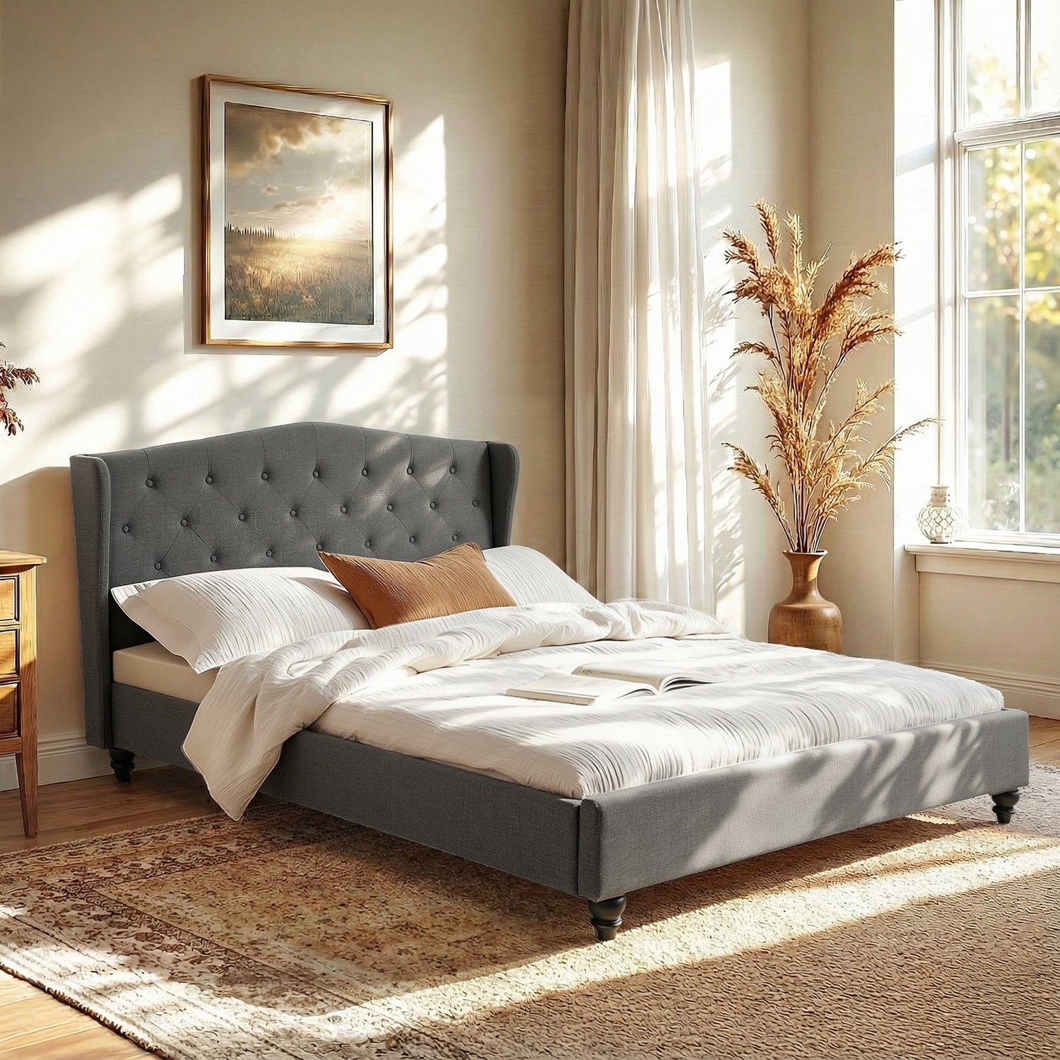 Queen Bed Frame with Wingback Headboard Grey Linen Upholstered Platform Bed Base - Furniture > Bedroom > Beds & Bed Frames - Rivercity House & Home Co. (ABN 18 642 972 209) - Affordable Modern Furniture Australia