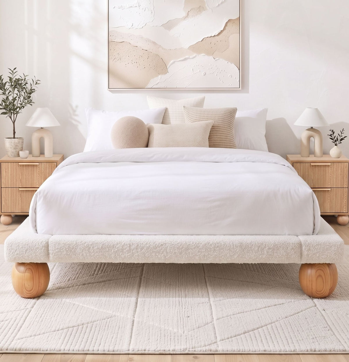 Queen Bouclé Upholstered Platform Bed Frame with 2 Bedside Tables - Furniture > Bedroom > Beds & Bed Frames - Rivercity House & Home Co. (ABN 18 642 972 209) - Affordable Modern Furniture Australia