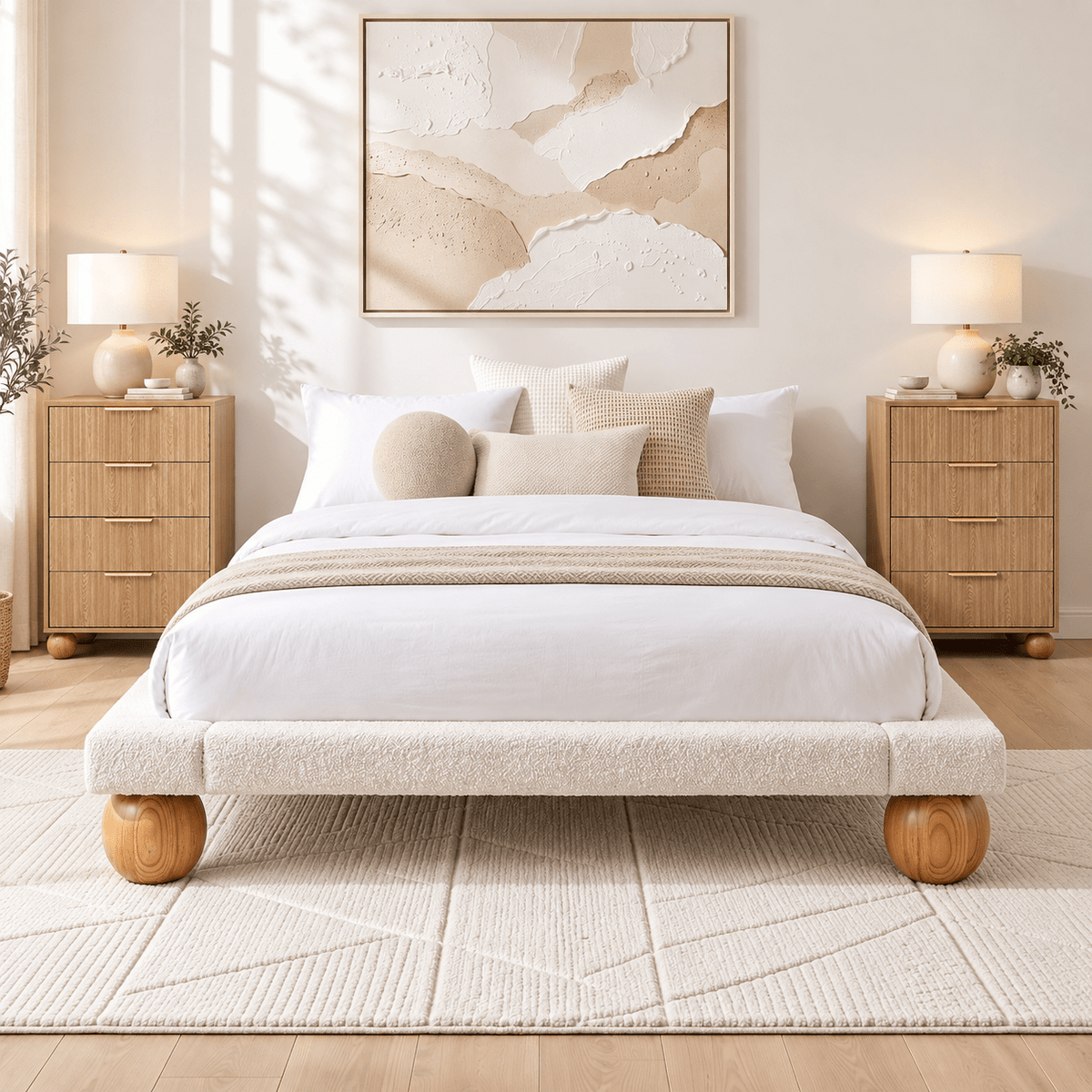 Queen Bouclé Upholstered Platform Bed Frame with 2 Four-Drawer Chests of Drawers Set - Furniture > Bedroom > Beds & Bed Frames - Rivercity House & Home Co. (ABN 18 642 972 209) - Affordable Modern Furniture Australia