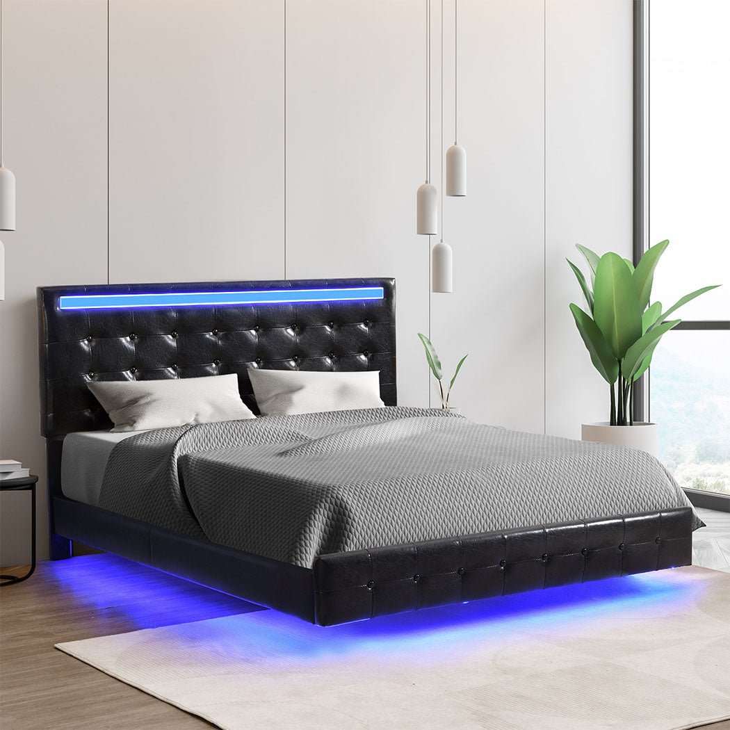 Queen Floating Bed Frame with Headboard and LED Lights Mattress Base - Black - Rivercity House & Home Co. (ABN 18 642 972 209) - Affordable Modern Furniture Australia