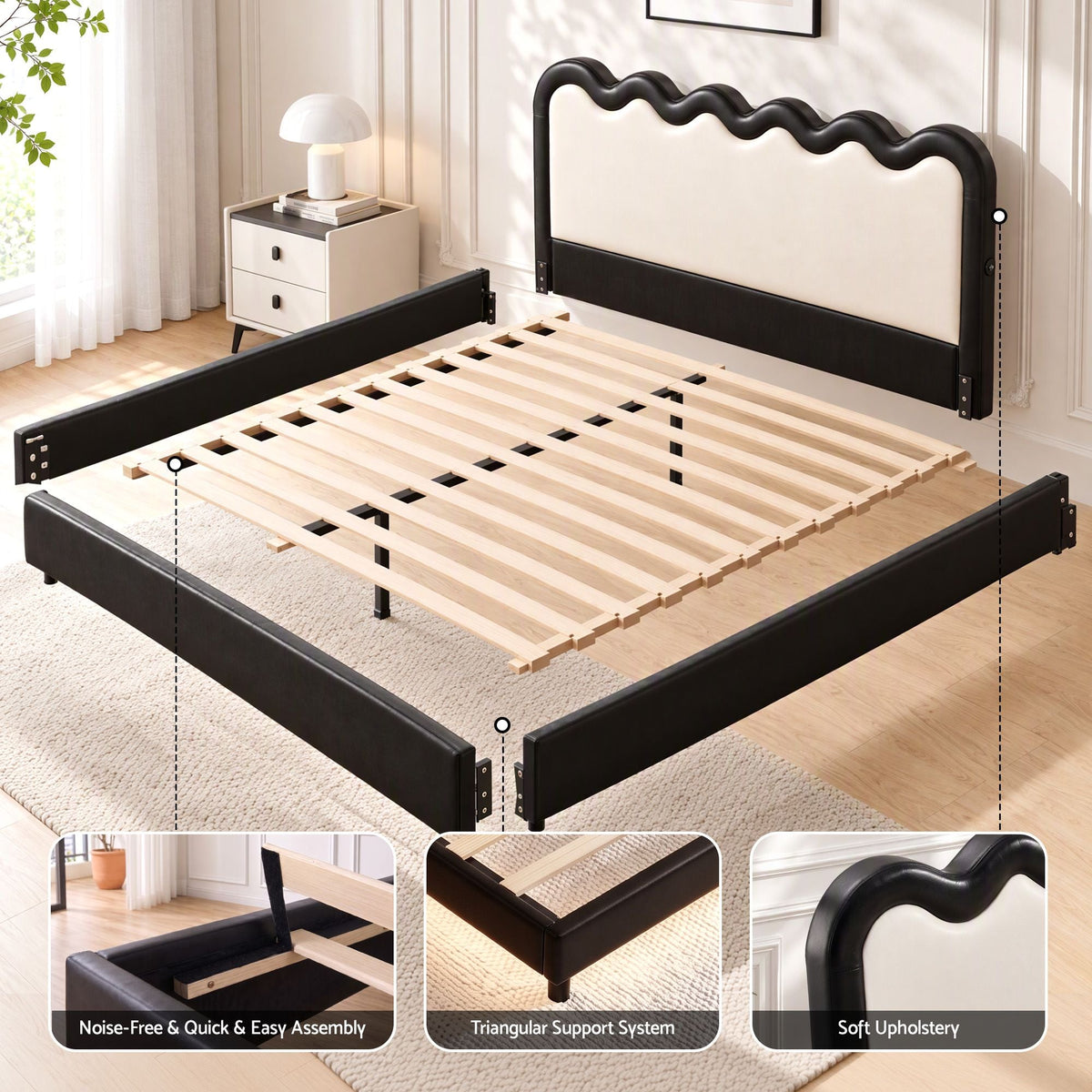 Queen Floating Bed Frame with RGB LED and USB Charging - Black and Beige - Furniture > Bedroom > Beds & Bed Frames - Rivercity House & Home Co. (ABN 18 642 972 209) - Affordable Modern Furniture Australia