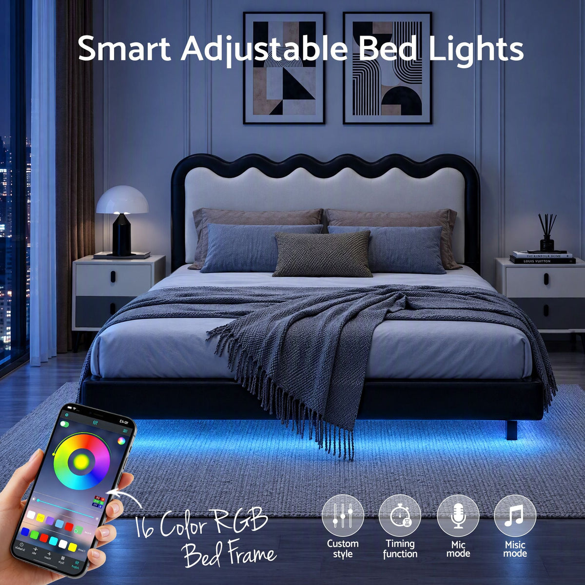 Queen Floating Bed Frame with RGB LED and USB Charging - Black and Beige - Furniture > Bedroom > Beds & Bed Frames - Rivercity House & Home Co. (ABN 18 642 972 209) - Affordable Modern Furniture Australia