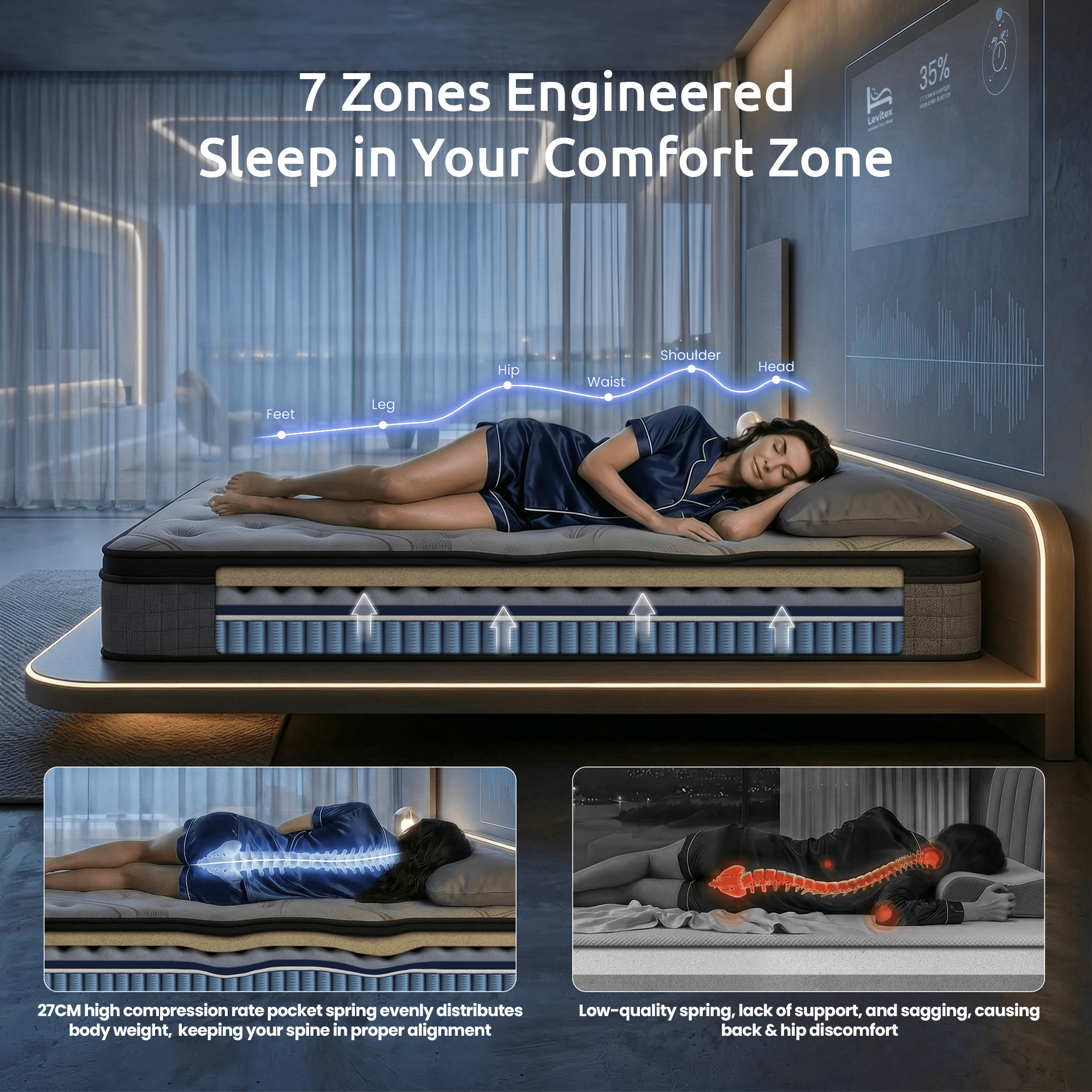 Queen Mattress 33 cm 7 - Zone Pocket Spring 8.0 Extra Firm with Dual - Row Edge Support & Breathable Knit Cover - Furniture > Mattresses > Queen Mattress - Rivercity House & Home Co. (ABN 18 642 972 209) - Affordable Modern Furniture Australia