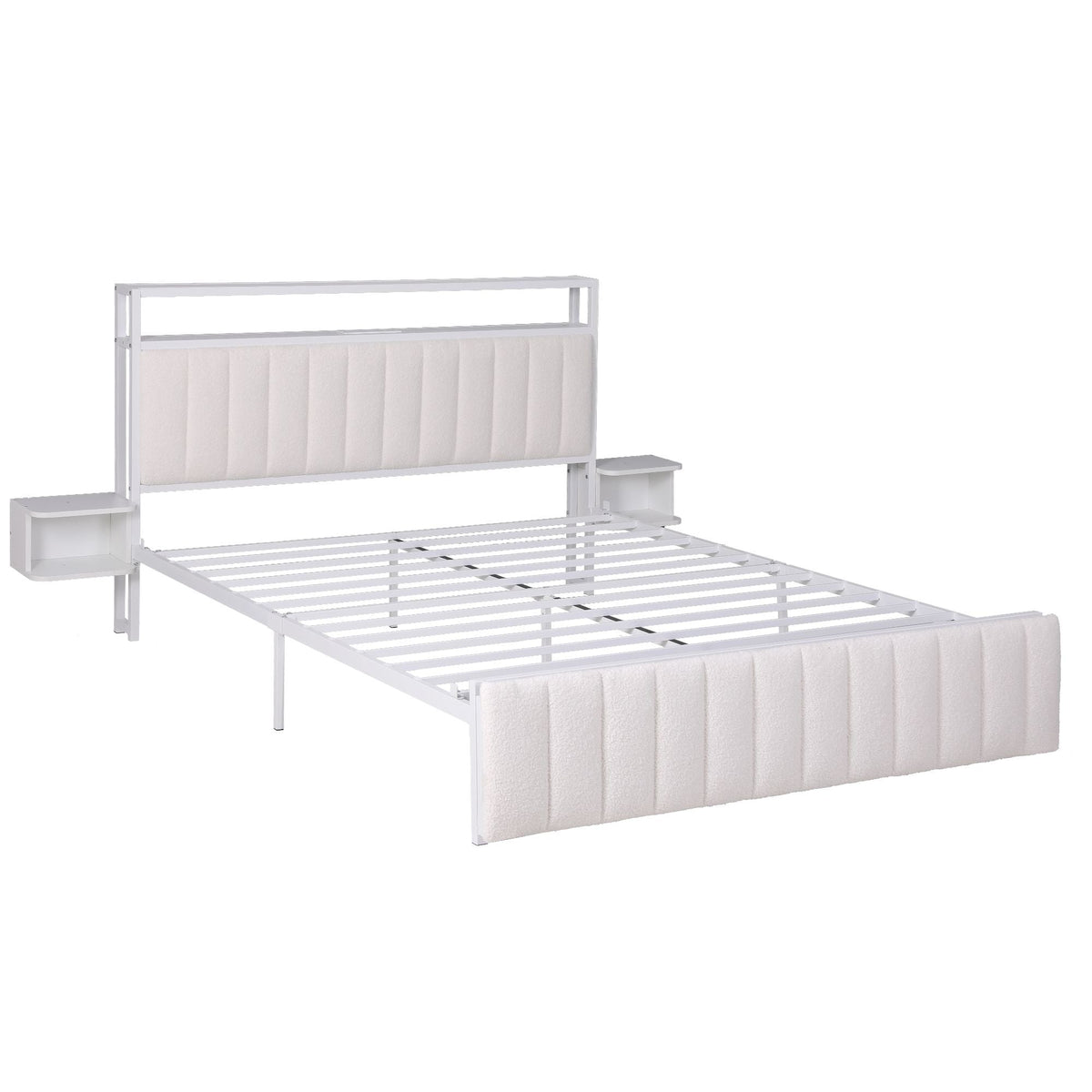 Queen Metal Bed Frame with Boucle Headboard, Charging Station & Side Tables - White - Furniture > Bedroom > Beds & Bed Frames - Rivercity House & Home Co. (ABN 18 642 972 209) - Affordable Modern Furniture Australia