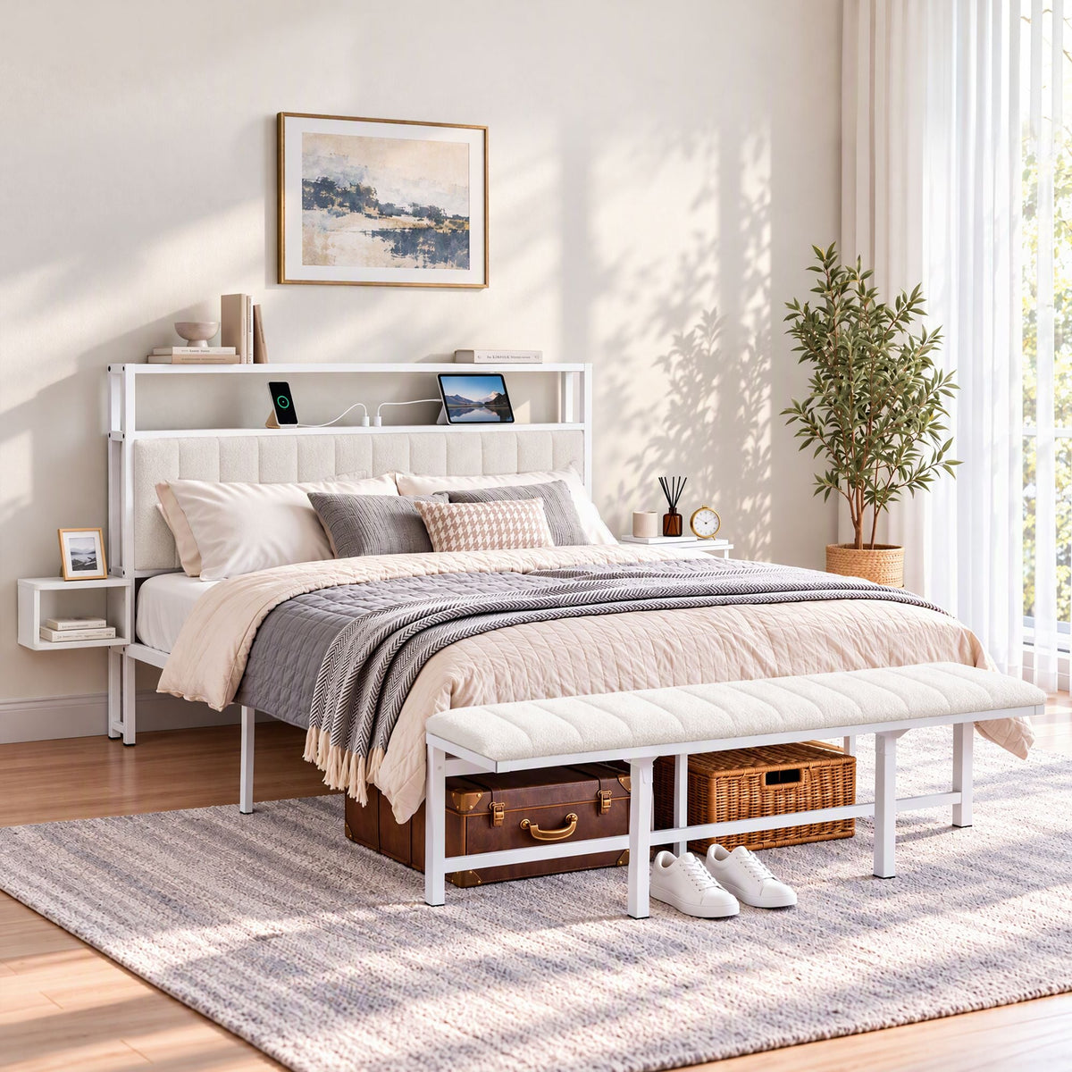 Queen Metal Bed Frame with Boucle Headboard, Charging Station & Side Tables - White - Furniture > Bedroom > Beds & Bed Frames - Rivercity House & Home Co. (ABN 18 642 972 209) - Affordable Modern Furniture Australia
