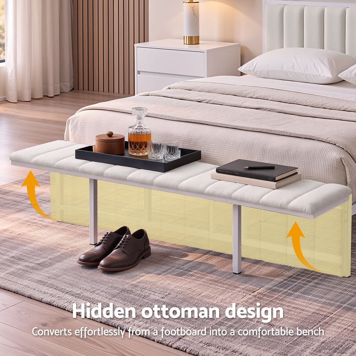 Queen Metal Bed Frame with Boucle Headboard, Charging Station & Side Tables - White - Furniture > Bedroom > Beds & Bed Frames - Rivercity House & Home Co. (ABN 18 642 972 209) - Affordable Modern Furniture Australia
