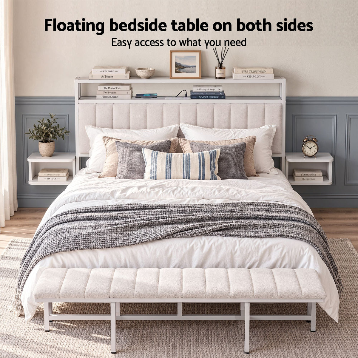 Queen Metal Bed Frame with Boucle Headboard, Charging Station & Side Tables - White - Furniture > Bedroom > Beds & Bed Frames - Rivercity House & Home Co. (ABN 18 642 972 209) - Affordable Modern Furniture Australia