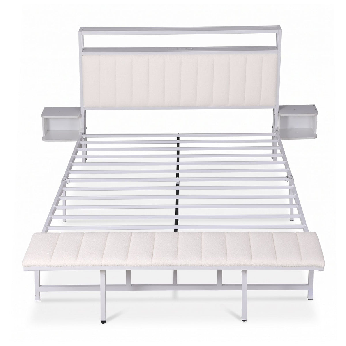 Queen Metal Bed Frame with Boucle Headboard, Charging Station & Side Tables - White - Furniture > Bedroom > Beds & Bed Frames - Rivercity House & Home Co. (ABN 18 642 972 209) - Affordable Modern Furniture Australia