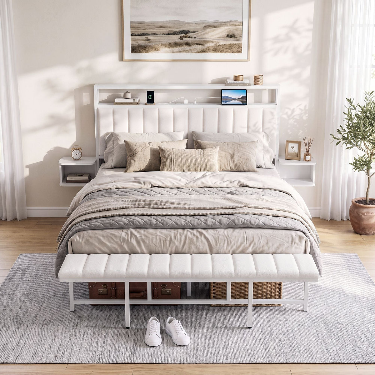 Queen Metal Bed Frame with Boucle Headboard, Charging Station & Side Tables - White - Furniture > Bedroom > Beds & Bed Frames - Rivercity House & Home Co. (ABN 18 642 972 209) - Affordable Modern Furniture Australia