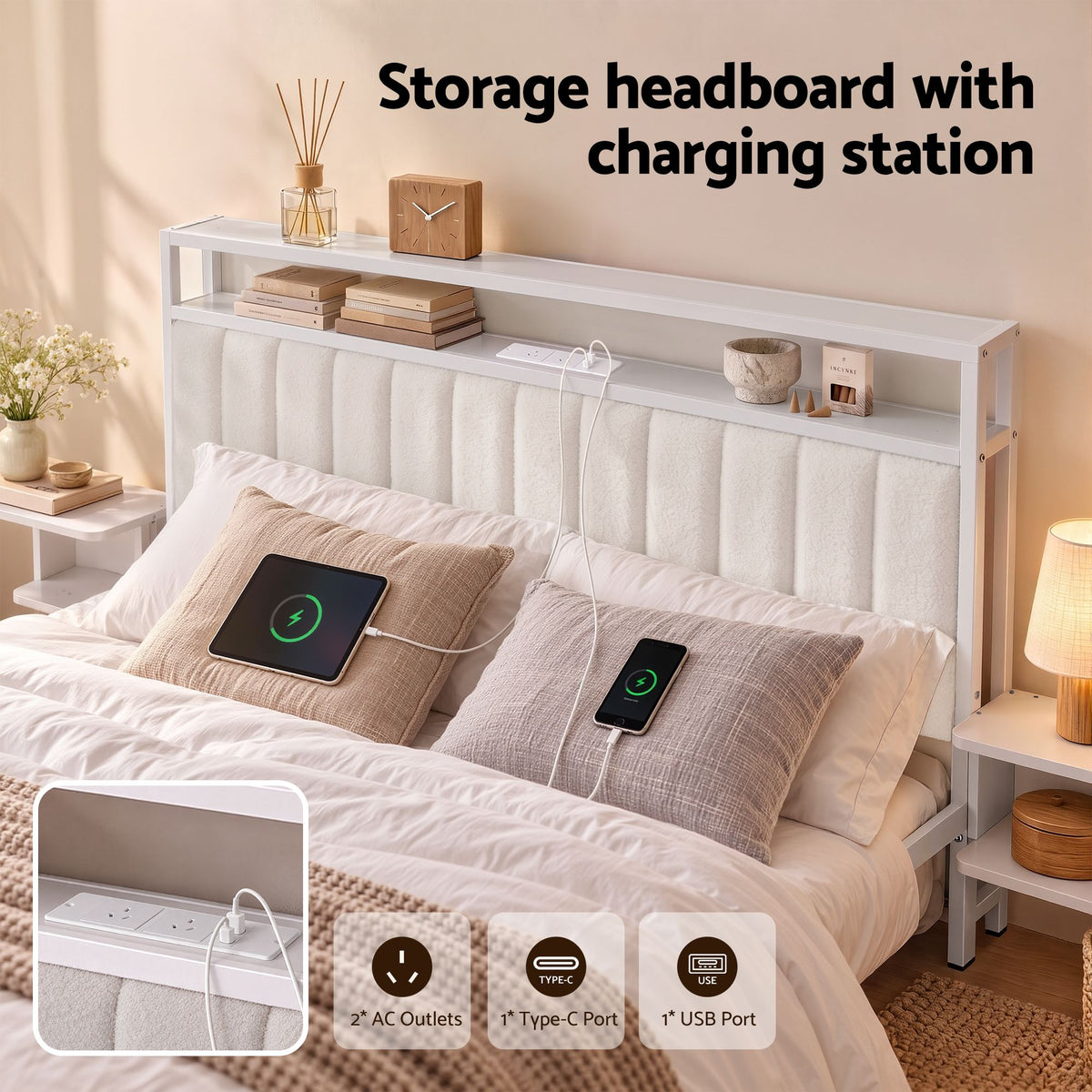Queen Metal Bed Frame with Boucle Headboard, Charging Station & Side Tables - White - Furniture > Bedroom > Beds & Bed Frames - Rivercity House & Home Co. (ABN 18 642 972 209) - Affordable Modern Furniture Australia