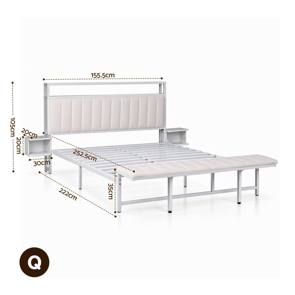 Queen Metal Bed Frame with Boucle Headboard, Charging Station & Side Tables - White - Furniture > Bedroom > Beds & Bed Frames - Rivercity House & Home Co. (ABN 18 642 972 209) - Affordable Modern Furniture Australia