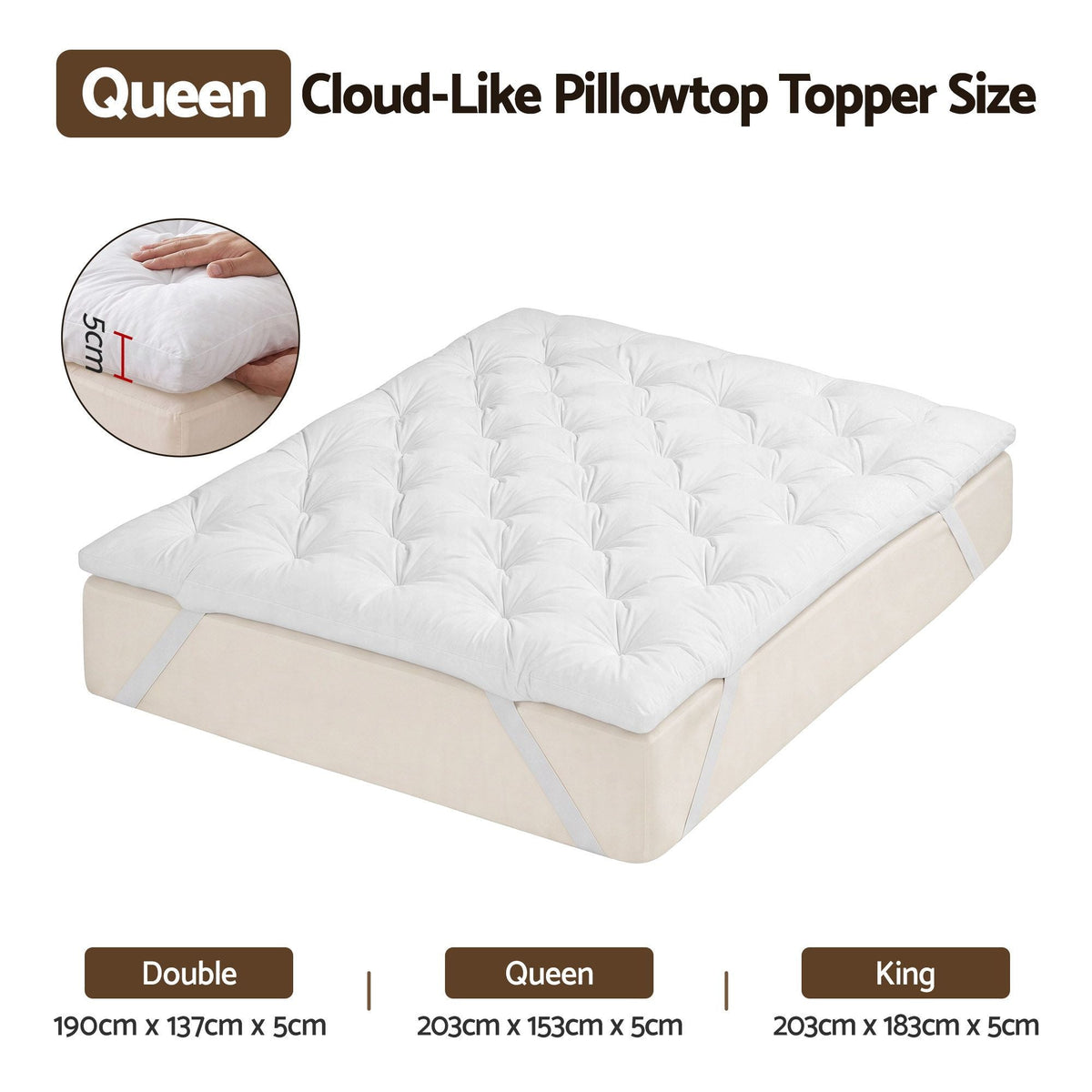 Queen Pillow Top Mattress Topper 5cm Thick 1300GSM White Duck Feather - White - Furniture > Mattresses > Queen Mattress - Rivercity House & Home Co. (ABN 18 642 972 209) - Affordable Modern Furniture Australia