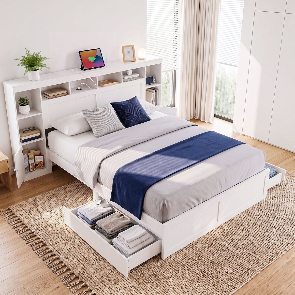 Queen Platform Bed Frame with Storage Bookcase Headboard, USB & Type-C Ports, Drawers - White - Baby & Kids > Kid's Furniture > Kid's Beds & Bed Frames - Rivercity House & Home Co. (ABN 18 642 972 209) - Affordable Modern Furniture Australia