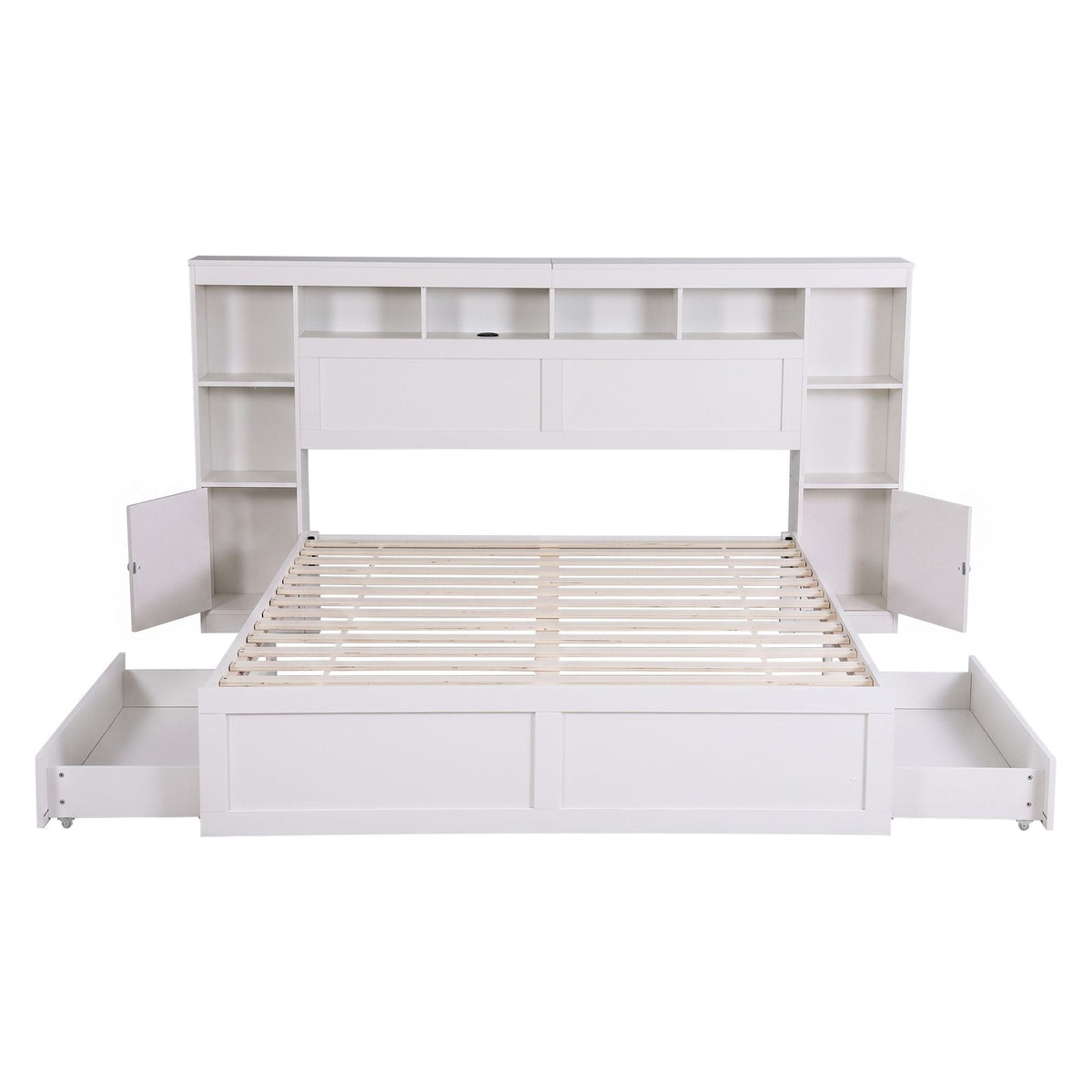 Queen Platform Bed Frame with Storage Bookcase Headboard, USB & Type-C Ports, Drawers - White - Baby & Kids > Kid's Furniture > Kid's Beds & Bed Frames - Rivercity House & Home Co. (ABN 18 642 972 209) - Affordable Modern Furniture Australia