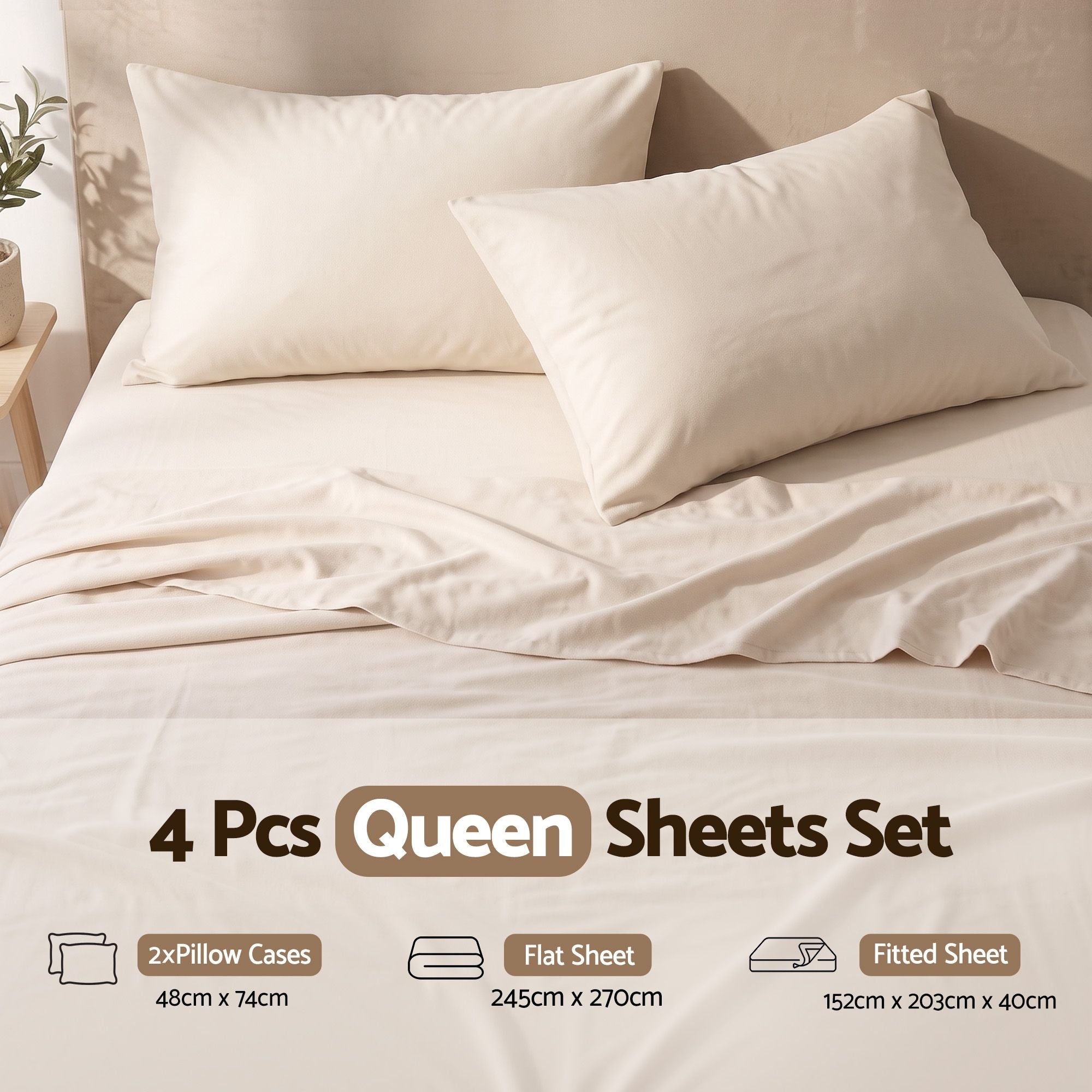 Queen Sheet Set 150 GSM Anti-pilling Micro Flannel, Fast Drying Lightweight 4 Piece, 40CM Deep Pocket Fits Thick Mattress, Cream White - Home & Garden > Bedding > Bed Sheets - Rivercity House & Home Co. (ABN 18 642 972 209) - Affordable Modern Furniture Australia