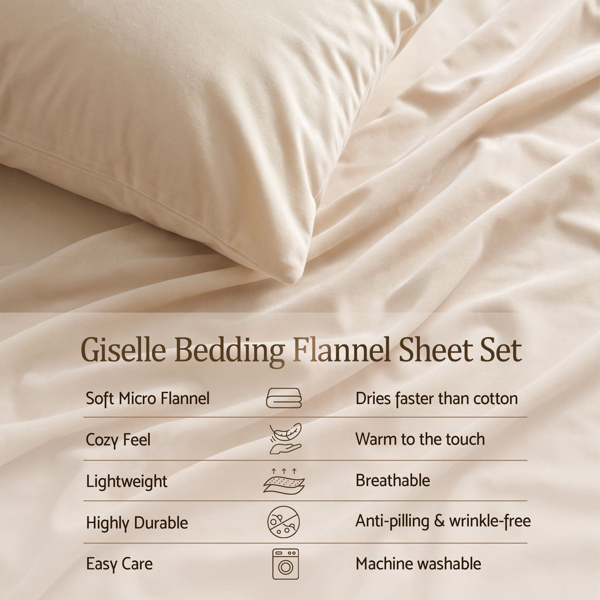 Queen Sheet Set 150 GSM Anti-pilling Micro Flannel, Fast Drying Lightweight 4 Piece, 40CM Deep Pocket Fits Thick Mattress, Cream White - Home & Garden > Bedding > Bed Sheets - Rivercity House & Home Co. (ABN 18 642 972 209) - Affordable Modern Furniture Australia