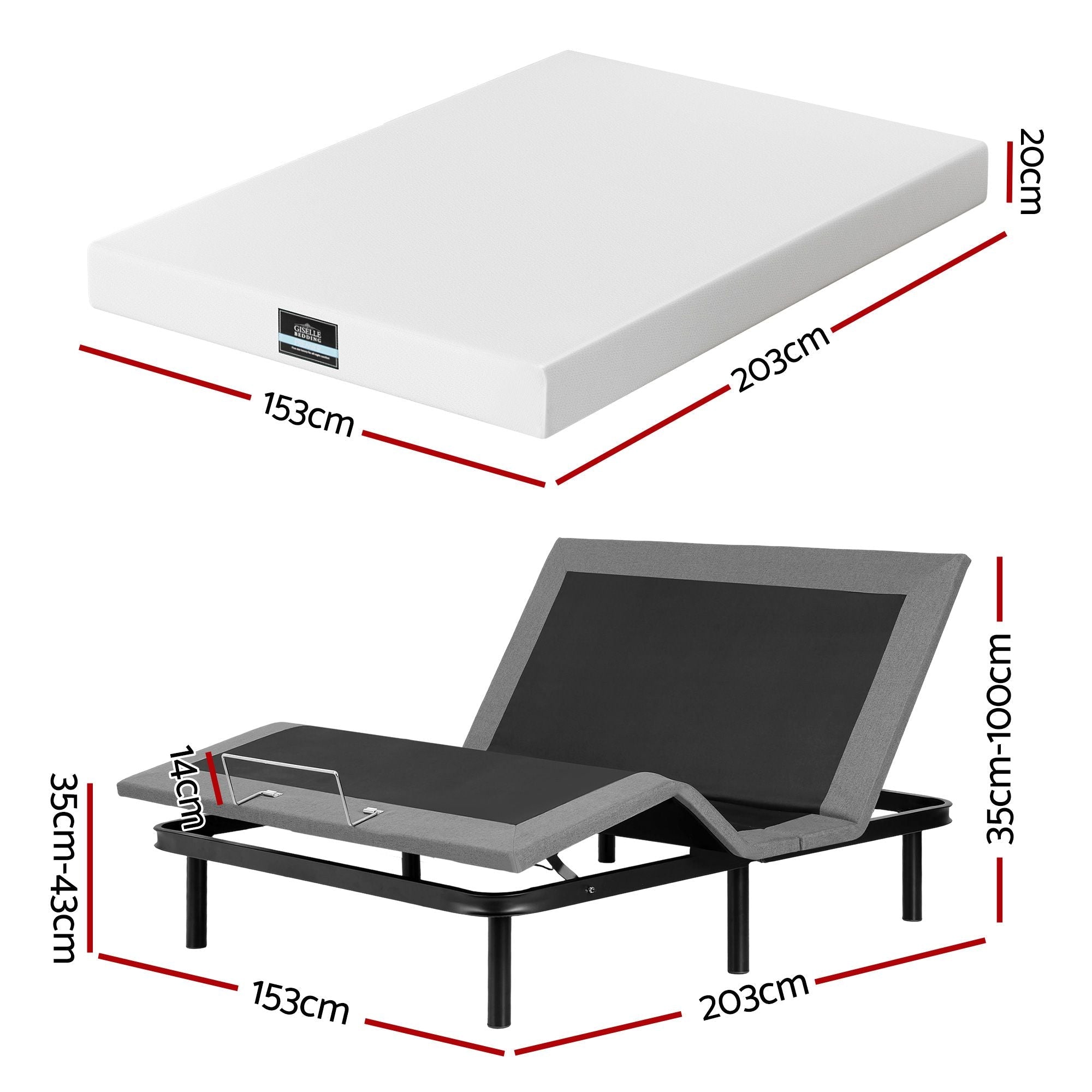 Queen size bed frame & Giselle Bedding Mattress Queen Combo, adjustable bed Base for Snoring Relief, Independent Head Foot Incline, Wireless Remote, Black,20cm Thickness - Furniture > Bedroom > Beds & Bed Frames - Rivercity House & Home Co. (ABN 18 642 972 209) - Affordable Modern Furniture Australia