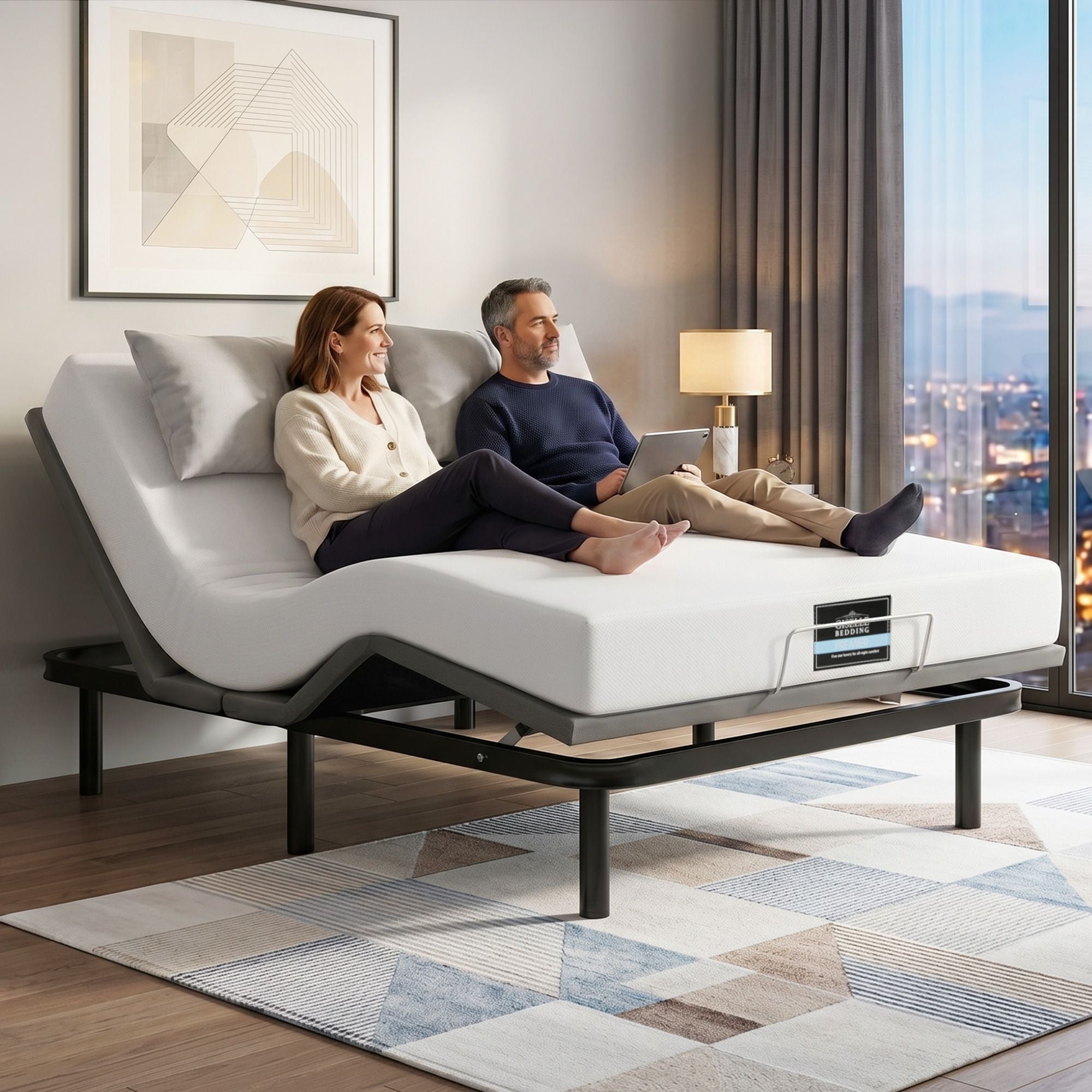 Queen size bed frame & Giselle Bedding Mattress Queen Combo, adjustable bed Base for Snoring Relief, Independent Head Foot Incline, Wireless Remote, Black,20cm Thickness - Furniture > Bedroom > Beds & Bed Frames - Rivercity House & Home Co. (ABN 18 642 972 209) - Affordable Modern Furniture Australia