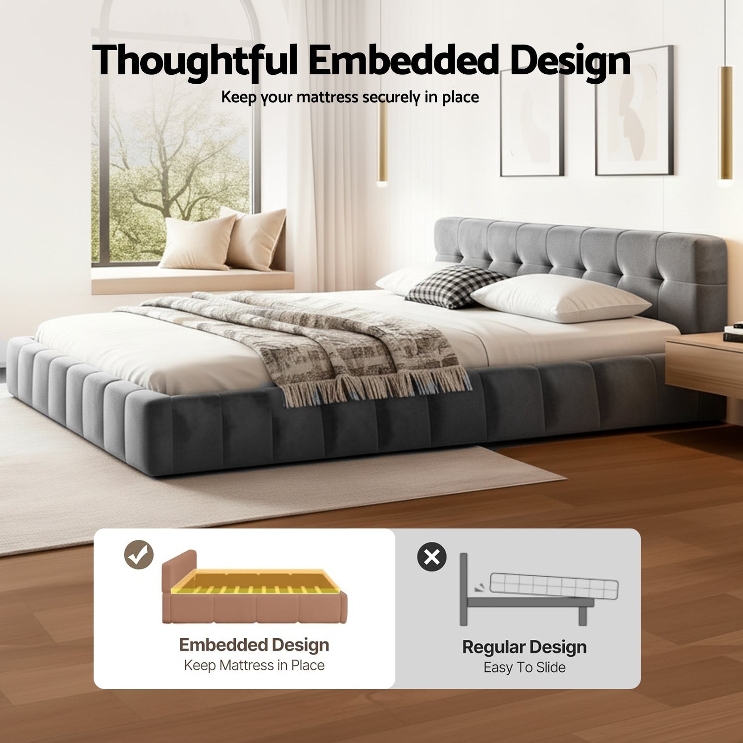 Queen Size Bed Frame Plush Soft Headboard Velvet Platform Base for Modern Bedrooms Grey - Furniture > Bedroom > Beds & Bed Frames - Rivercity House & Home Co. (ABN 18 642 972 209) - Affordable Modern Furniture Australia