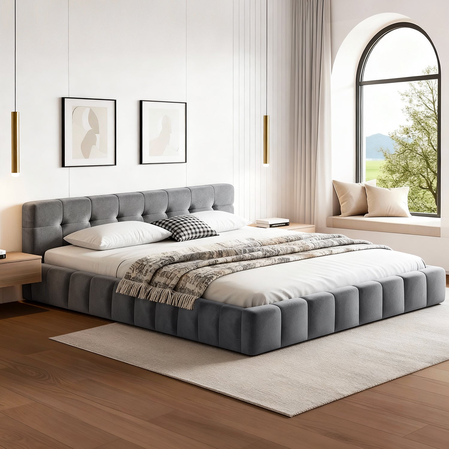 Queen Size Bed Frame Plush Soft Headboard Velvet Platform Base for Modern Bedrooms Grey - Furniture > Bedroom > Beds & Bed Frames - Rivercity House & Home Co. (ABN 18 642 972 209) - Affordable Modern Furniture Australia
