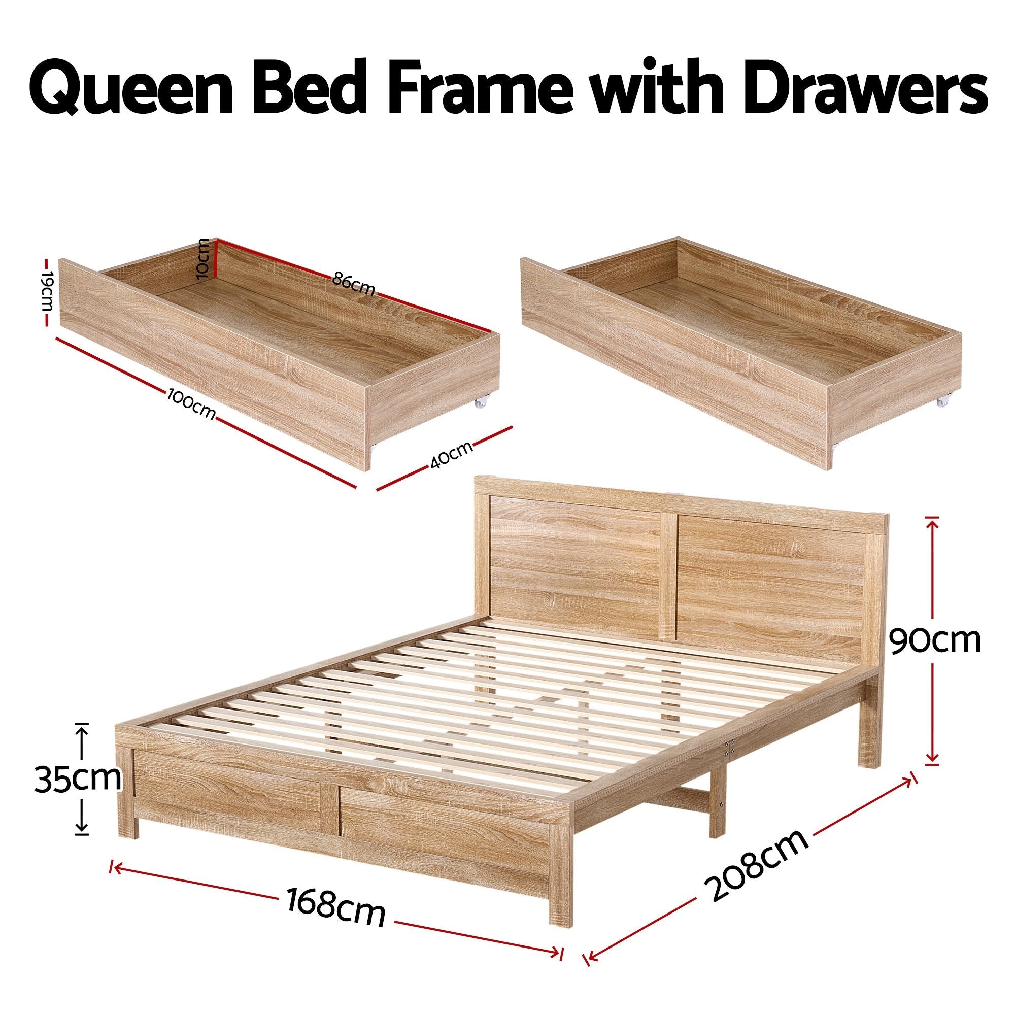 Queen Size Bed Frame with 2 Drawers Bedroom Furniture - Furniture > Bedroom > Beds & Bed Frames - Rivercity House & Home Co. (ABN 18 642 972 209) - Affordable Modern Furniture Australia