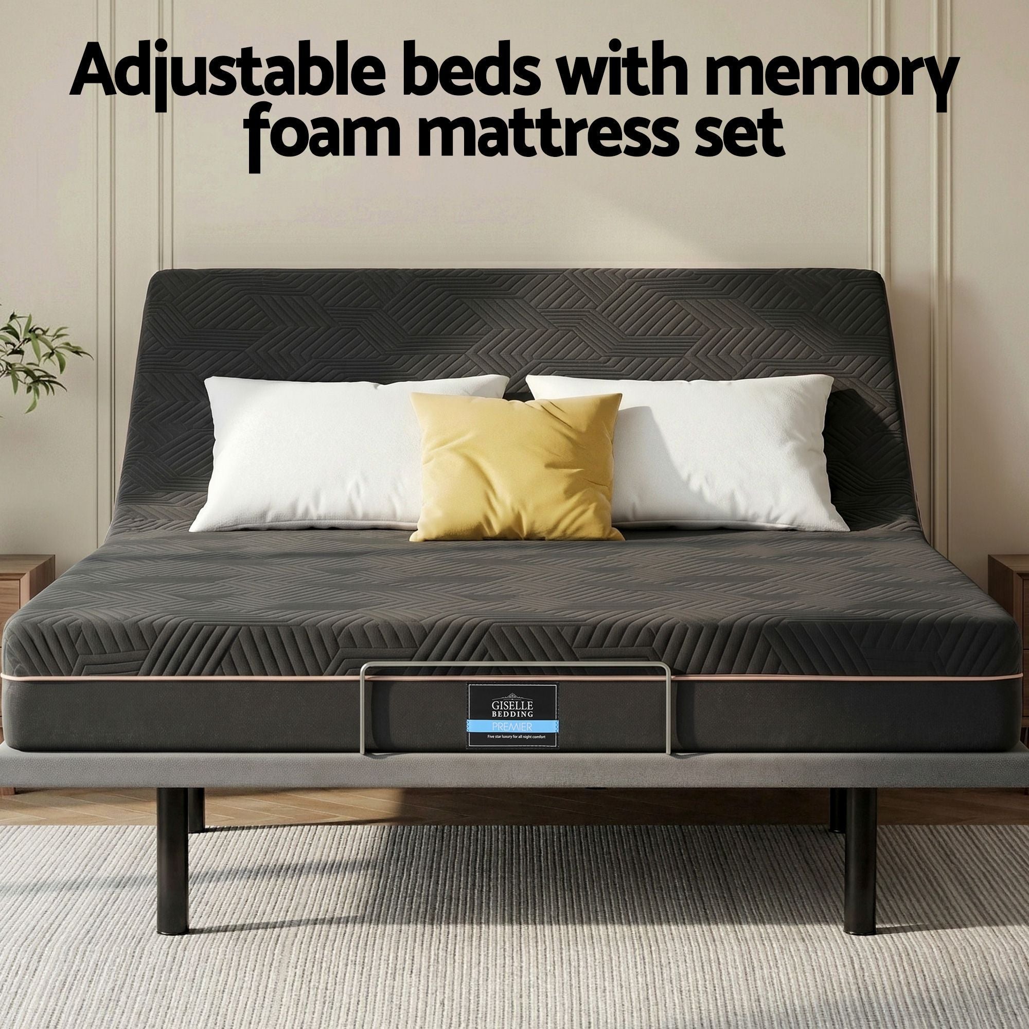 Queen size bed frame with Giselle Bedding Queen Mattress, adjustable bed Base Combo for Snoring Relief, Independent Head Foot Incline, Wireless Remote, Black,18cm Thickness - Furniture > Bedroom > Beds & Bed Frames - Rivercity House & Home Co. (ABN 18 642 972 209) - Affordable Modern Furniture Australia