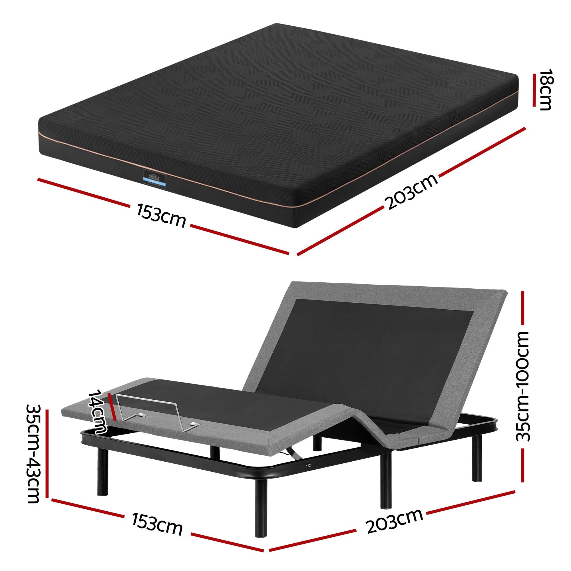 Queen size bed frame with Giselle Bedding Queen Mattress, adjustable bed Base Combo for Snoring Relief, Independent Head Foot Incline, Wireless Remote, Black,18cm Thickness - Furniture > Bedroom > Beds & Bed Frames - Rivercity House & Home Co. (ABN 18 642 972 209) - Affordable Modern Furniture Australia